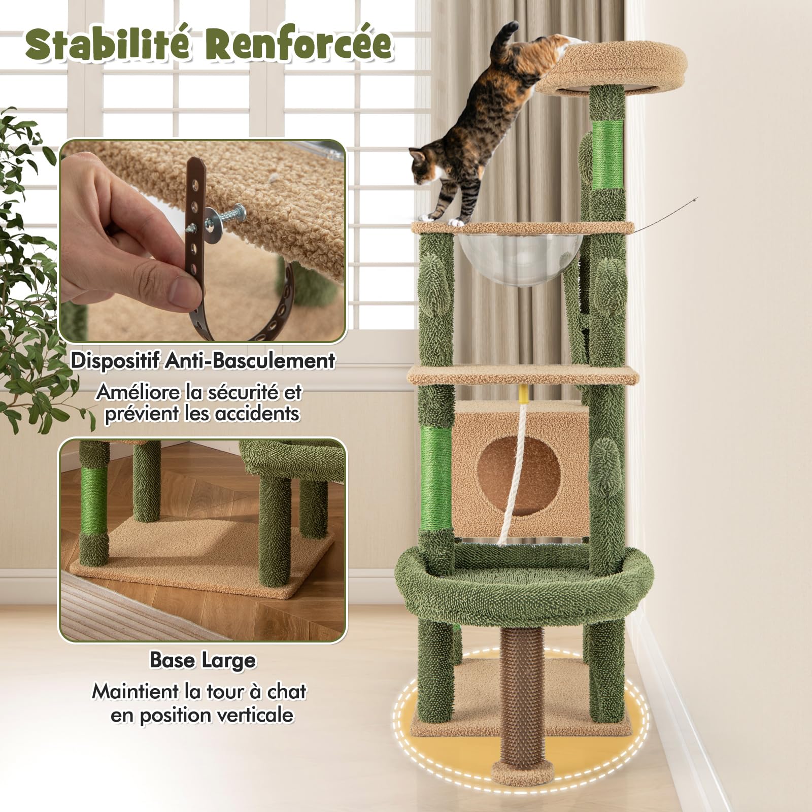 COSTWAY Arbre à Chat Cactus 150 cm, Tour pour Chats à 5 Étages, 4 Plateformes, Condo, Capsule, Arbre à Chat XXL, Brosse d'Toilettage, Planche à Griffer, 3 Poteaux à Griffer en Sisal