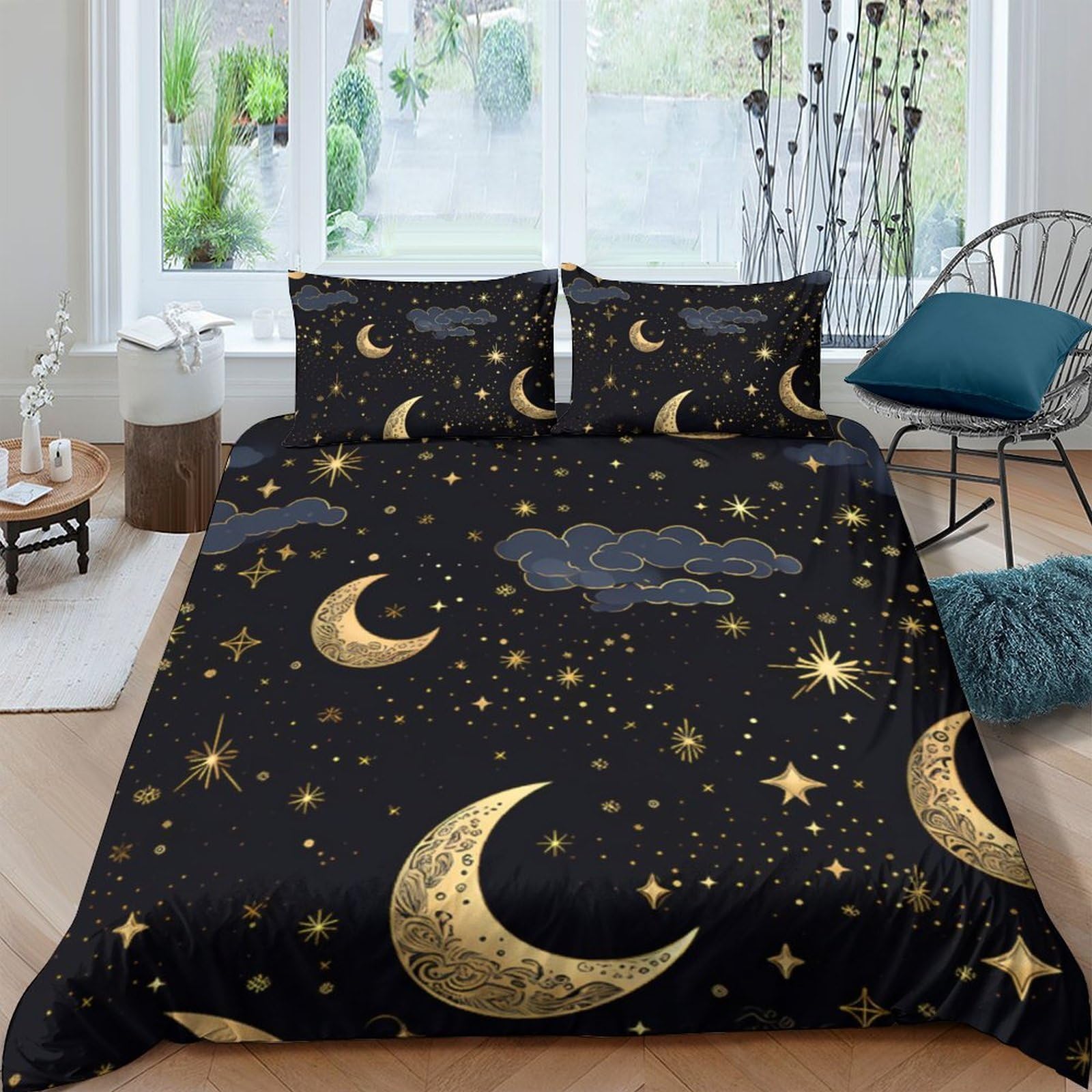 Ctjqhvkz Style-6 3D Printed Moon Star Black Fitted Sheet Microfiber Soft Bedroom Decor Cosmic Night Mattress Cover Single（135X200cm）