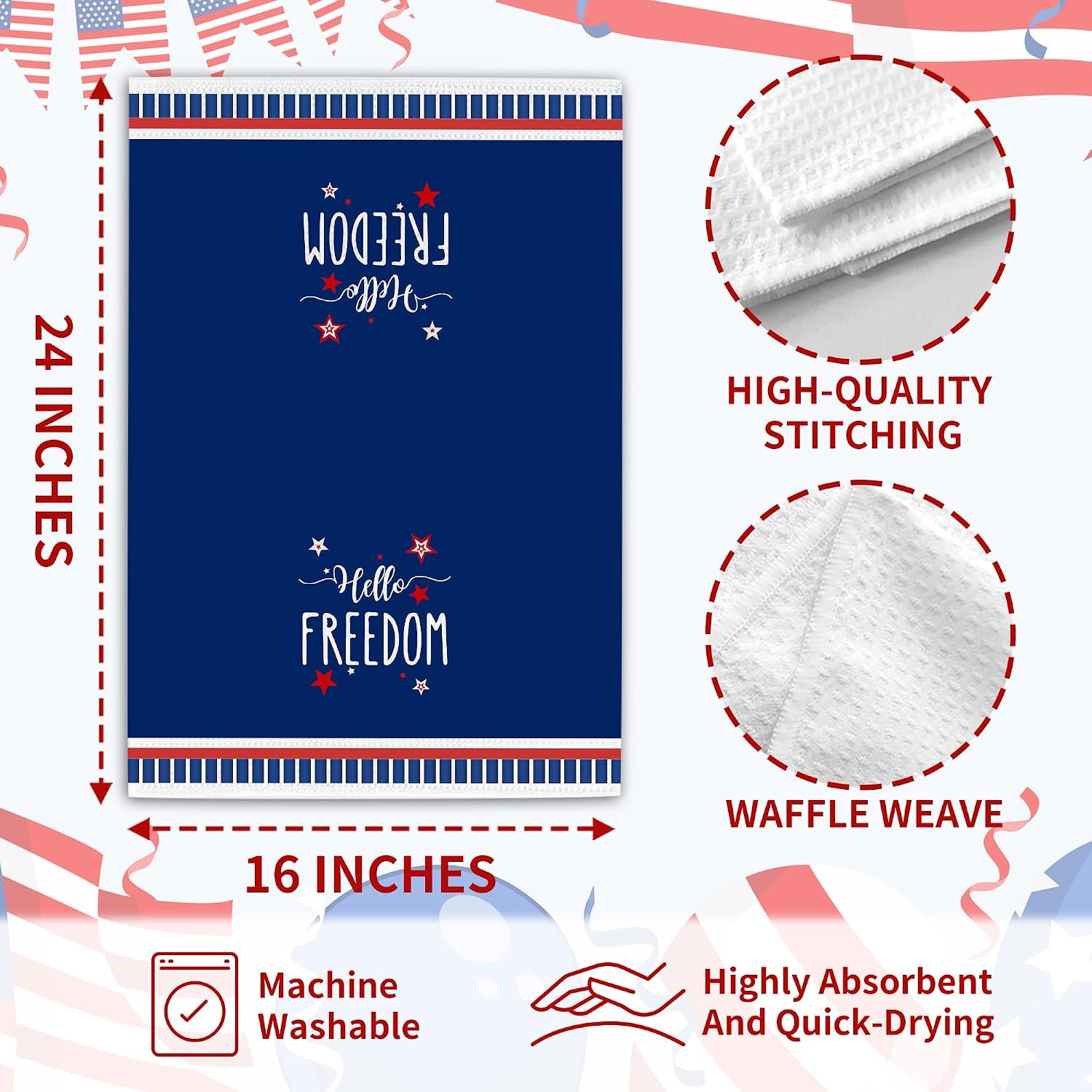 4th of July Kitchen Towel - Hello Freedom Patriotic Hand Towels - Red White Blue 250th Anniversary Decoration for Home Kitchen Bathroom - Fourth of July Decorations & Gifts Supplies - A01