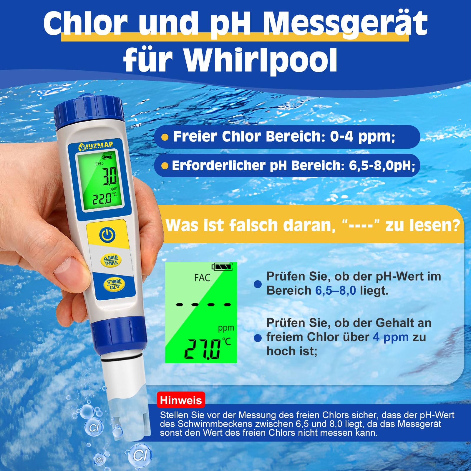 UIUZMAR Pool pH Chlor Messgerät und 7 in 1 Salzmessgerät für Pools