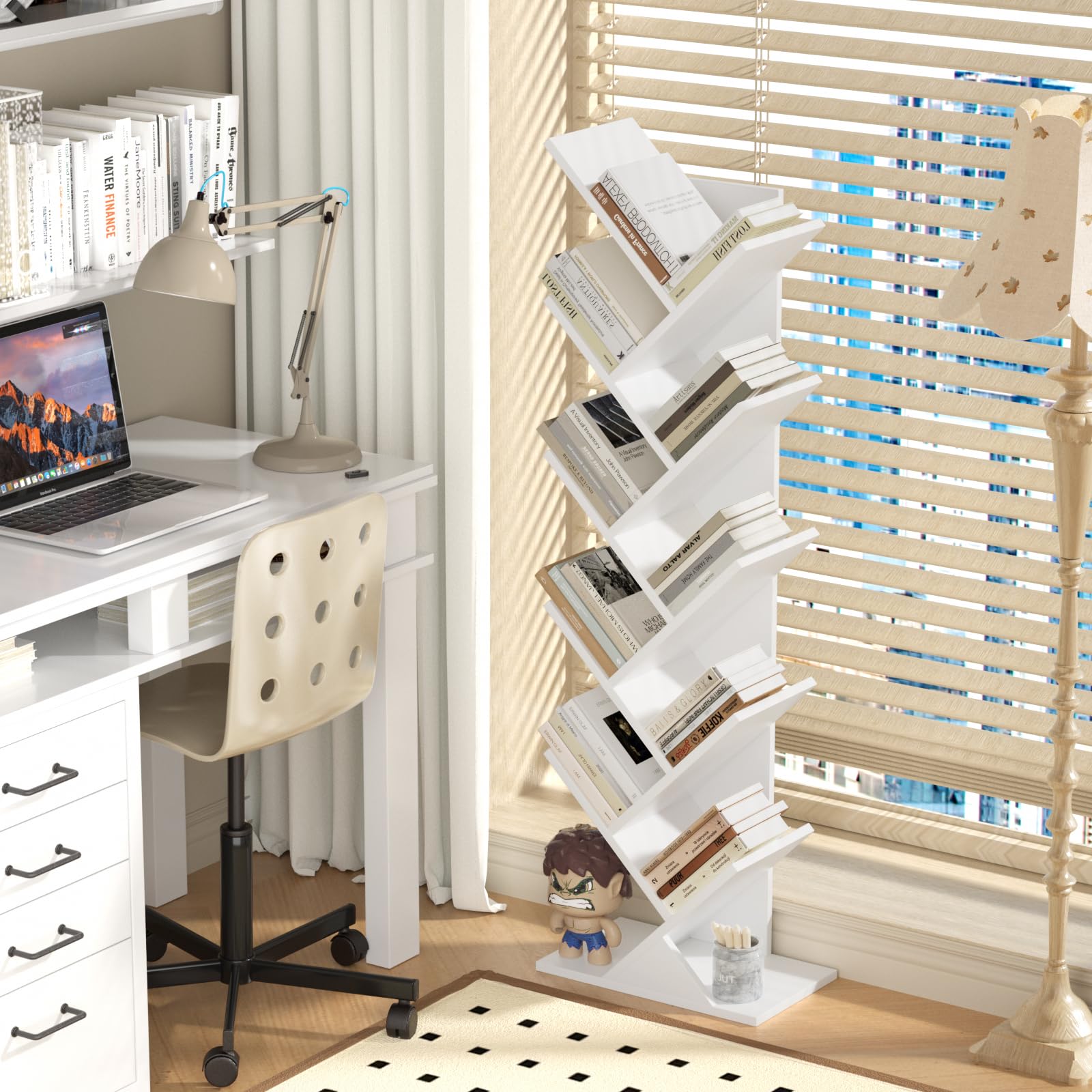 LELELINKY libreria ad albero, scaffale verticale a 10 livelli per libri/CD/riviste, libreria DVD in legno, per soggiorno, camera da letto e ufficio, bianco