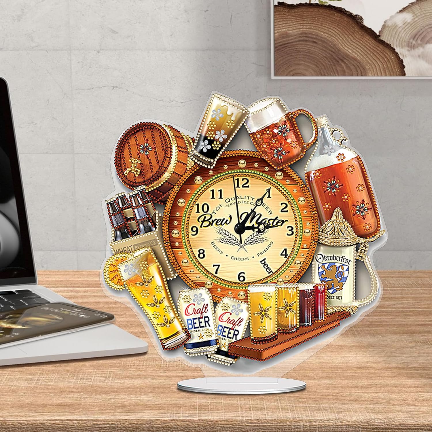 Ceitura 5D DIY Acrylic Special Shaped Diamond Art Painting Craft Desktop Clock Ornaments for Living Room Decoration 10.35 * 11.61inches (Cup Beer)