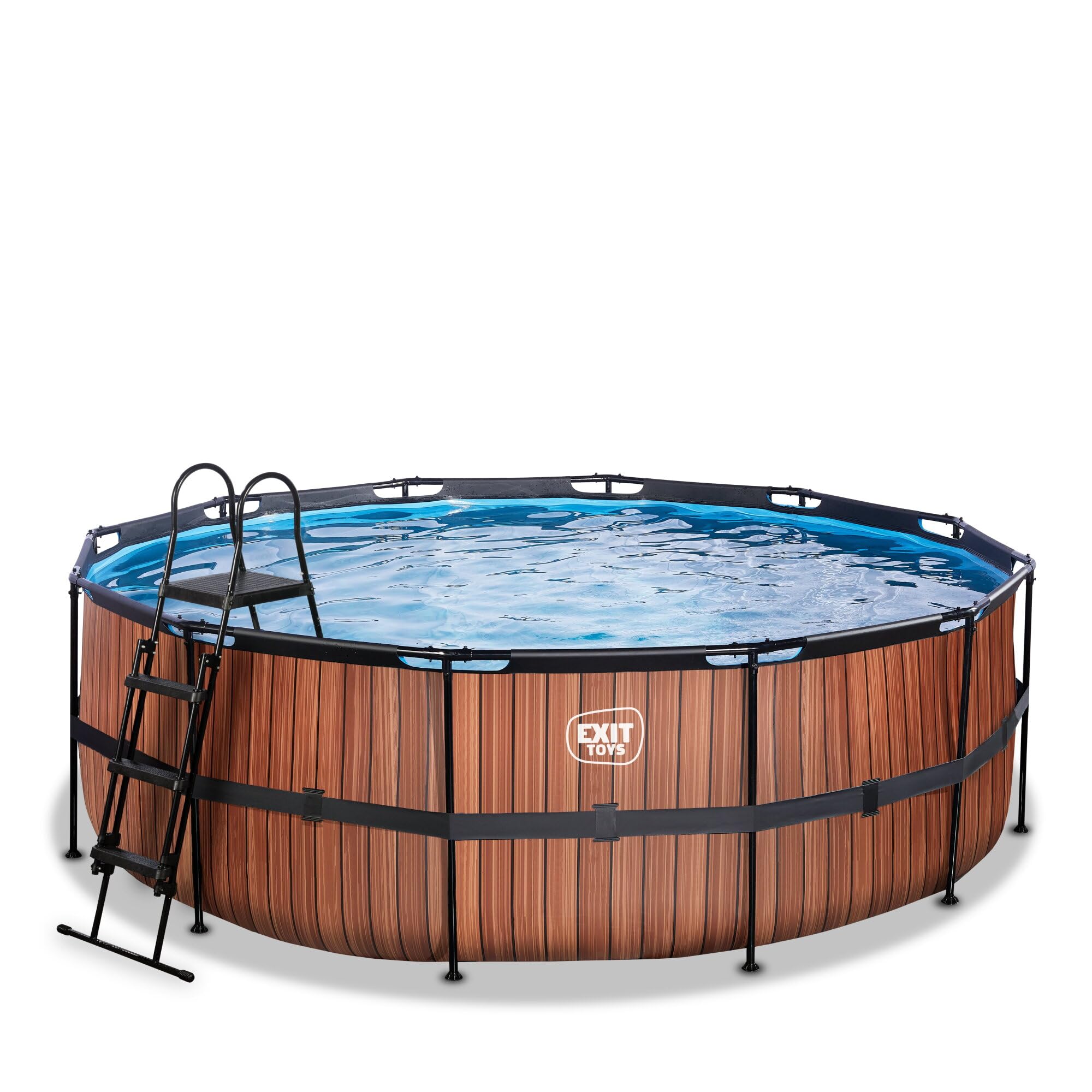 EXIT Toys Wood Pool - ø427x122cm - Piscina de Marco Redondo Grande con Bomba de Filtro de Cartucho - Piscina Extra Profunda - Marco Robusto - Incluye Escalera de Piscina - Diseño Único - Marrón