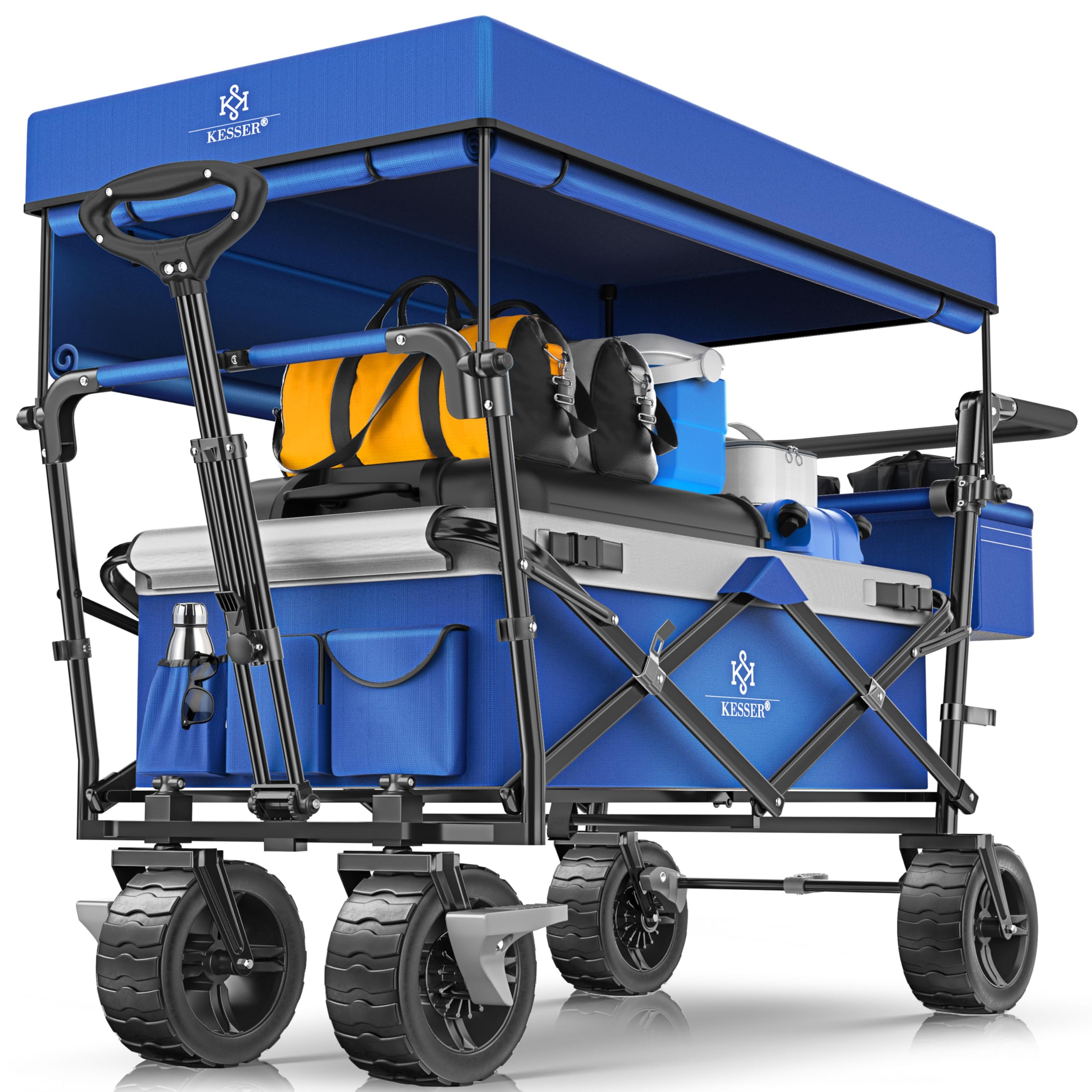 KESSER® Carrello pieghevole XXL con tettuccio GT9000, carrello pieghevole fino a 150 kg, per bambini, spiaggia, campeggio e giardino, grande carrello di trasporto con ruote in gomma rigida, freni