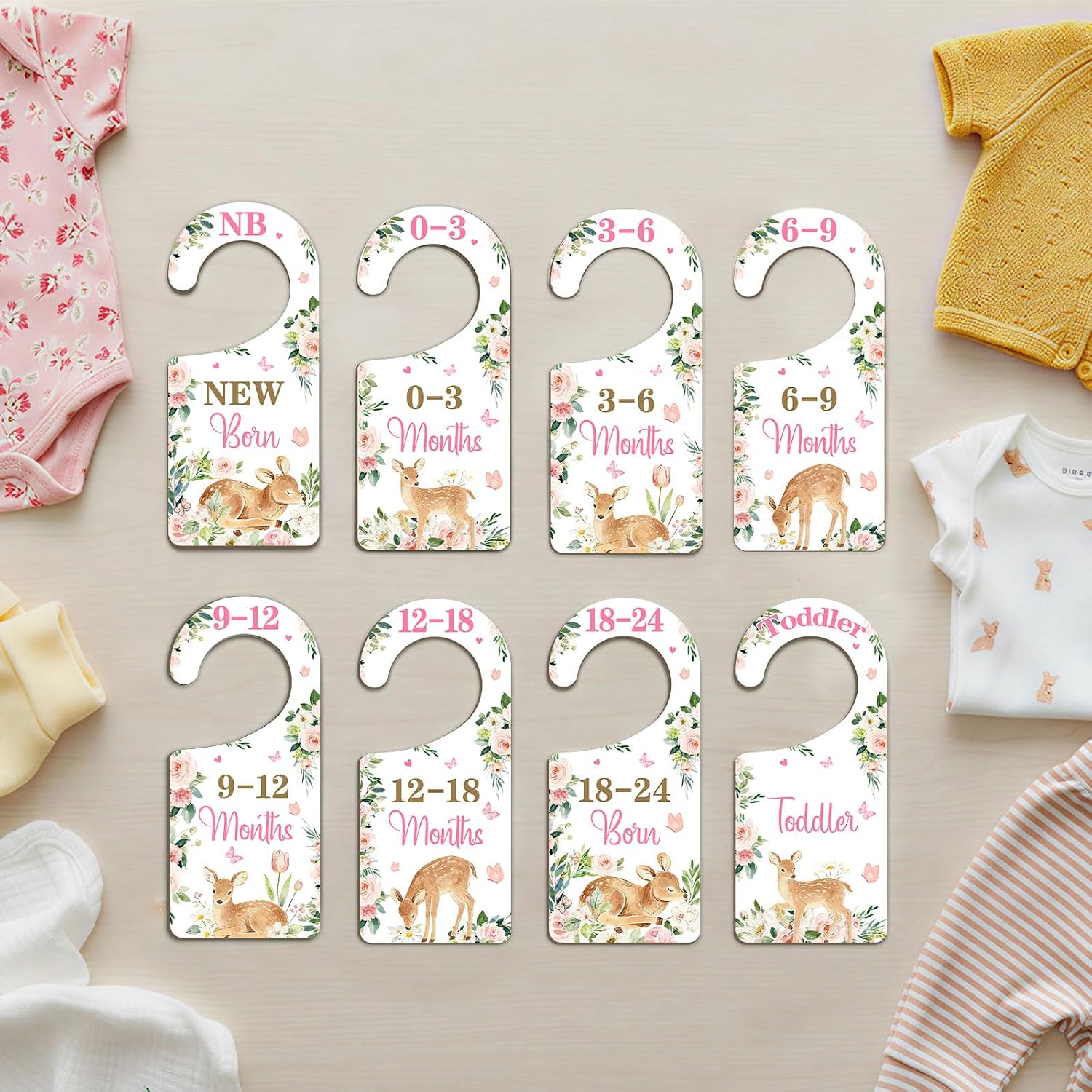 Woodland Baby Closet Dividers 8PCS Deer Themed Adorable Double-Sided Wooden Baby Clothes Dividers Size Hanger Organizer from Newborn to Toddler for Nursery Decors Boys Girls Baby Shower Birthday Gift