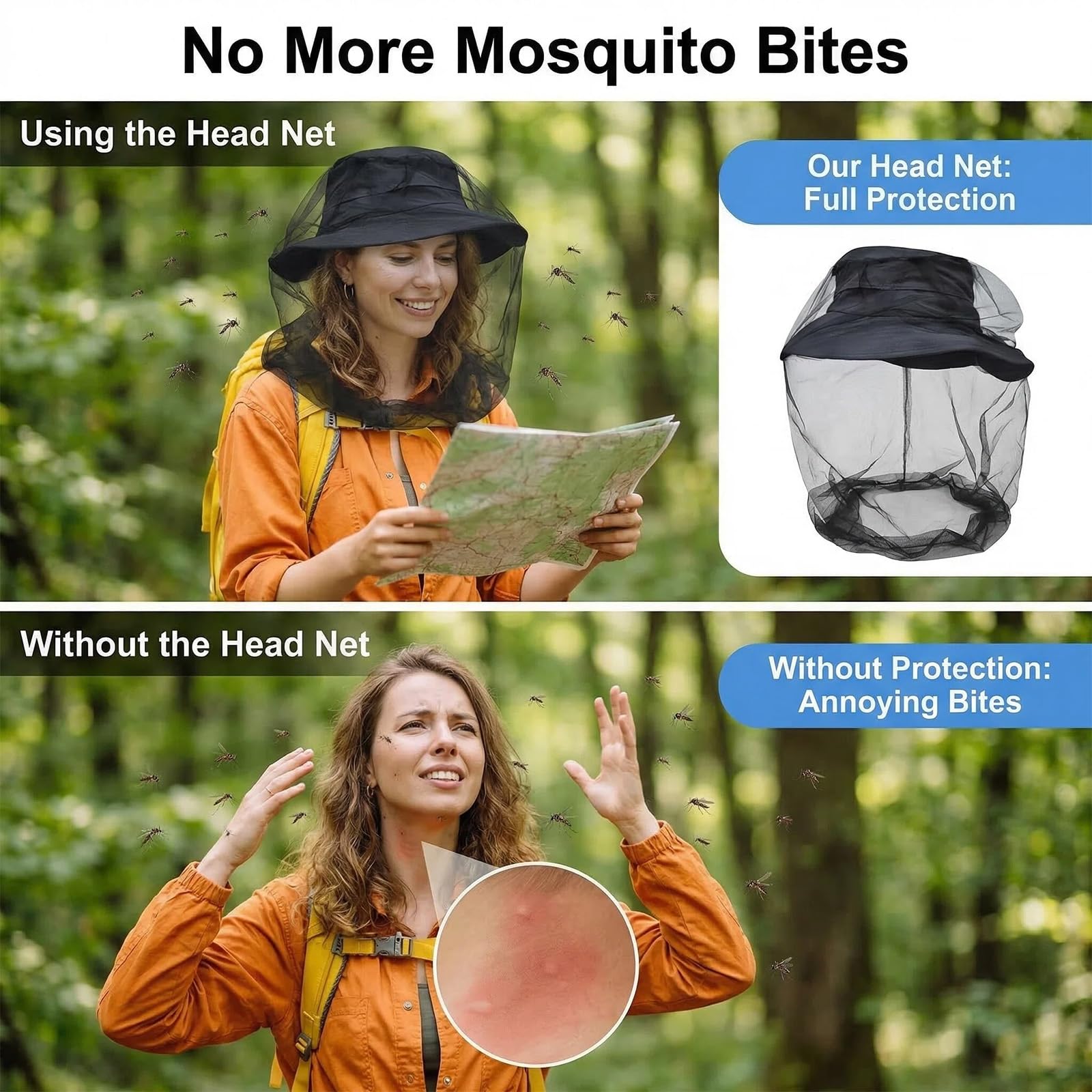 2pcs Moustiquaires de Tête pour Extérieur, Protection Ultralarge Contre Les Moustiques et Mouches pour Camping, Randonnée, Pêche et Jardinage, Maille Extra-Fine, Respirant, Universel pour Chapeaux