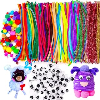 TORUBIA 600pcs Pipe Cleaners Craft Assortment Set for School Projects, DIY Activities & Parties,Includes 400pcs Chenille Stems, 100pcs Pompoms and 100pcs Wiggle Googly Eyes. Assorted Colors