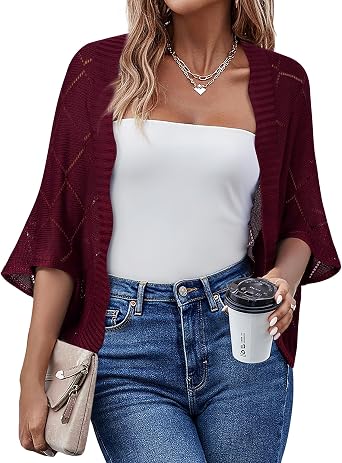 Bebonnie Womens Batwing Sleeve Open Front Cardigan Shrugs Crochet Hollow Out Sweaters for Dresses