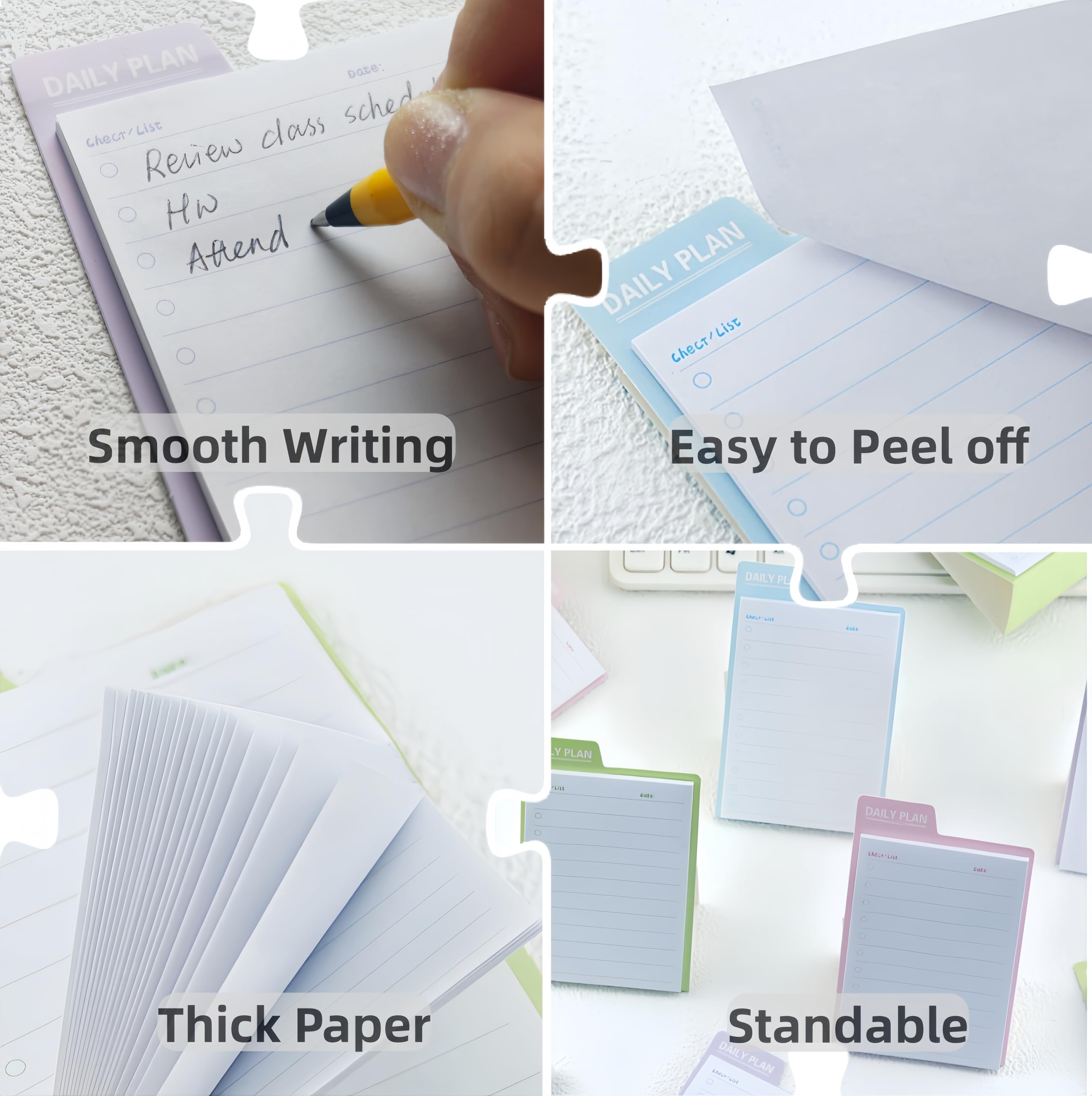 Lot de 4 carnets de notes autocollantes pour liste de choses à faire debout pour un emploi du temps quotidien, 30 feuilles par bloc, 9 x 6 cm mini blocs de planification en bleu, rose, vert