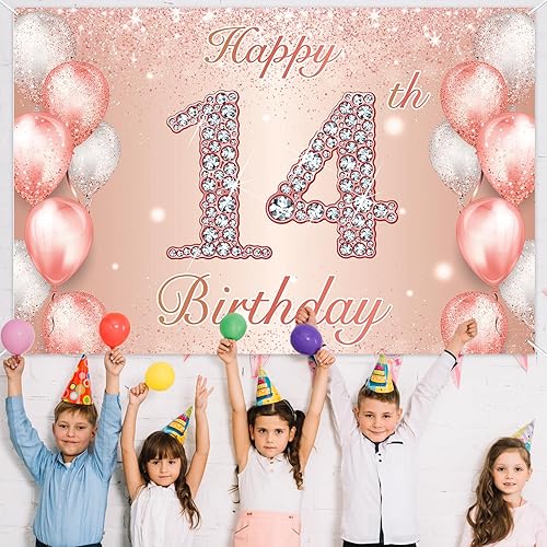 Miniatura 7 de Cartel de feliz cumpleaños número 14 de oro rosa, globos de confeti para niñas de 14 años, decoración de fiesta de cumpleaños rosa, suministros de