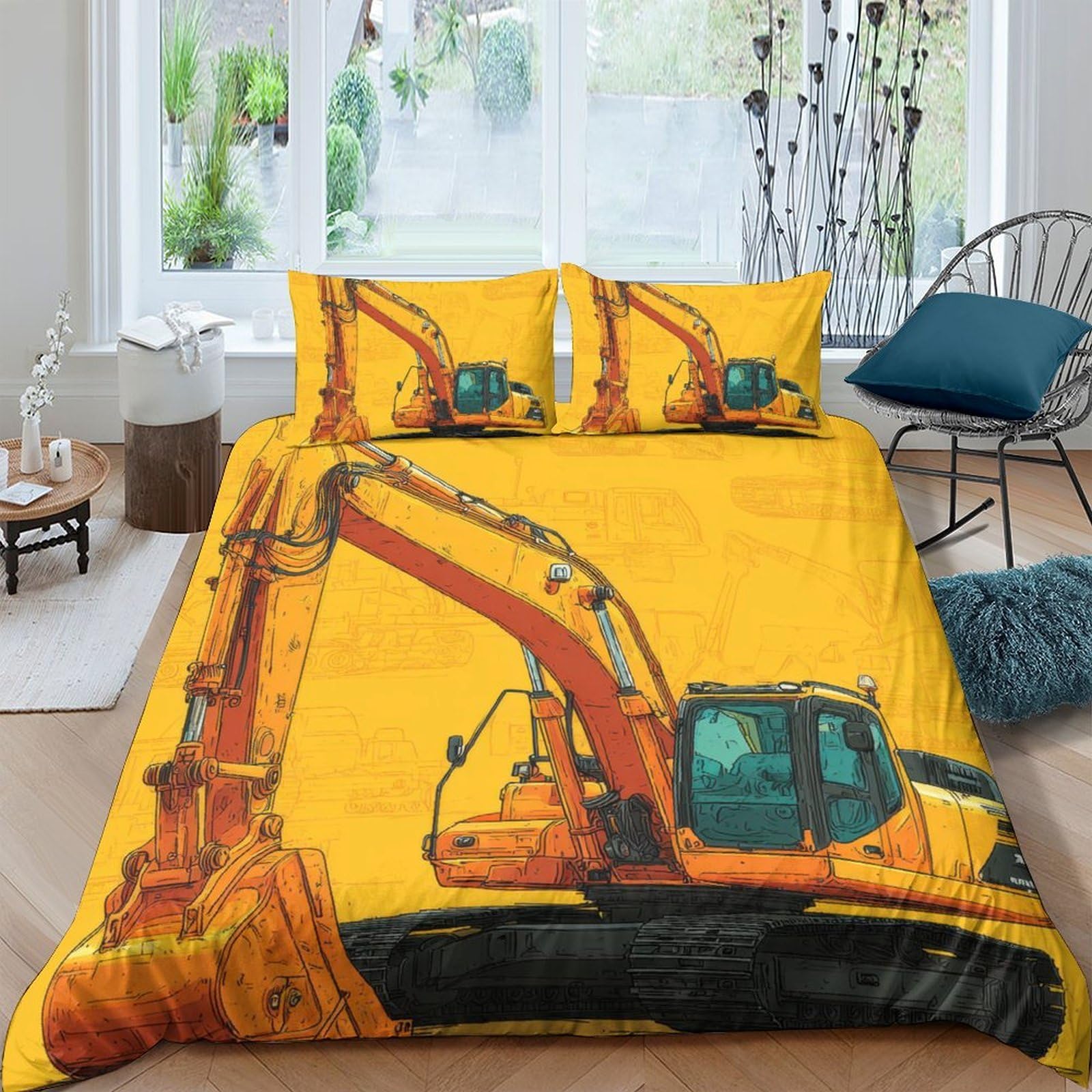 GPLZQXKJNH 3D Printed Excavator Duvet Cover Set Microfiber Soft Breathable Construction Machinery Bedding Set with 2 Pillowcases for Bedroom Decor Single（135x200cm）