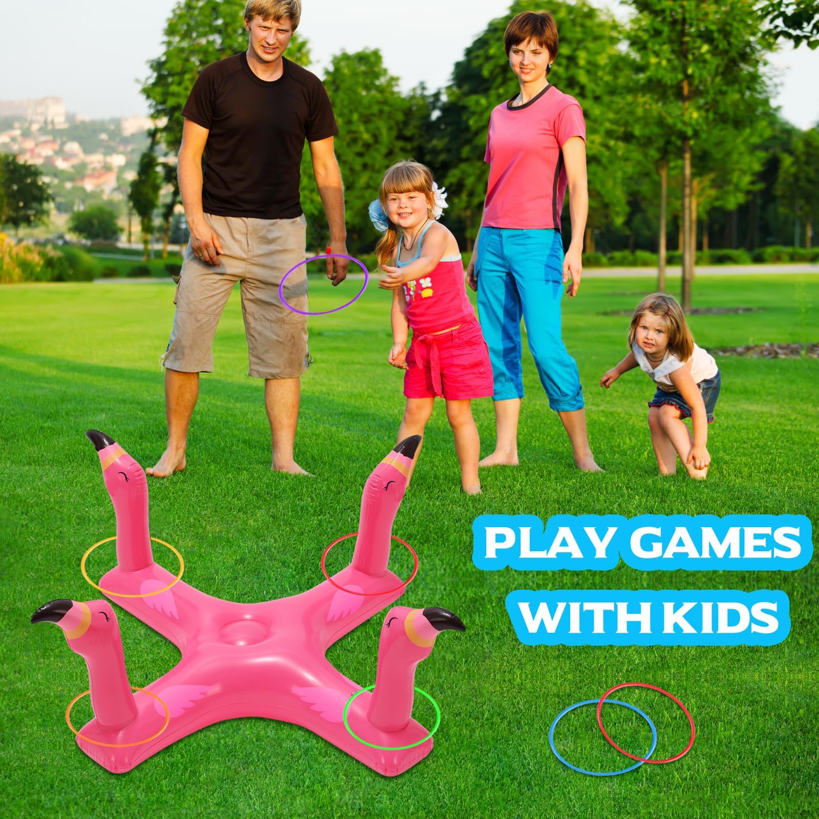 Aufblasbare Poolspielzeug, Flamingo Aufblasbares Wasserspielzeug Set, Schwimmender Werfen-Ferrule Spielzeug, Draußen Outdoor Pool Party Spielzeug für Kinder, Erwachsene, Familien (Rosa)
