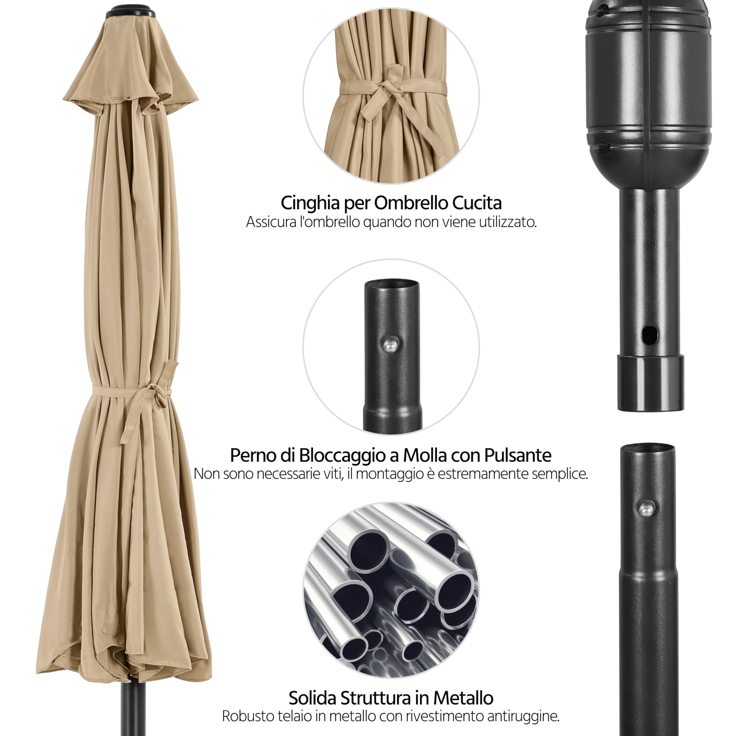 Ombrellone da Giardino Esterno 267,5 cm con Bordatura 8 Stecche Manovella Parasole Protezione UV per Spiaggia Balcone Terrazzo Mercato Reclinabile
