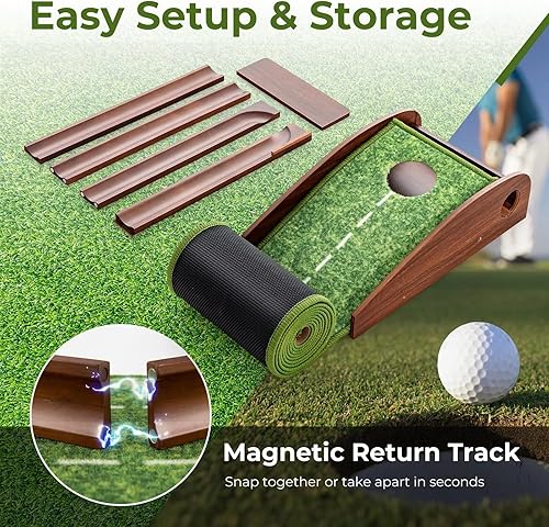 Miniatura 4 de Alfombrilla de golf para interiores con putter y 5 bolas, juego de devolución automática de bolas, terciopelo mate para el hogar, oficina, patio