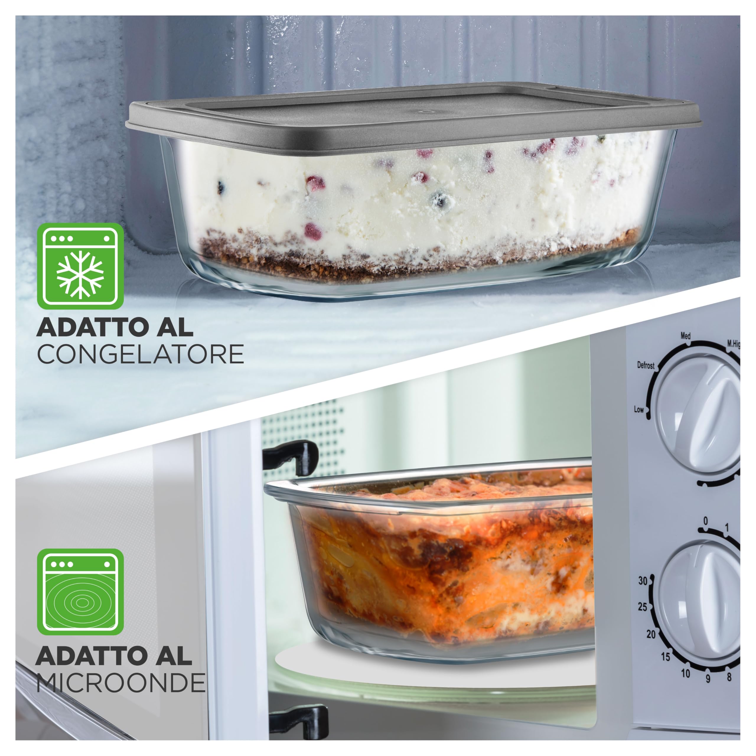 Nutrichef Contenitori Vetro per Alimenti da 1,8 Litri con Coperchio, Set 3 Teglie per Dolci, Torta, Plumcake, Pane, Lasagna e Pasta, Resistenti a Forno e Microonde