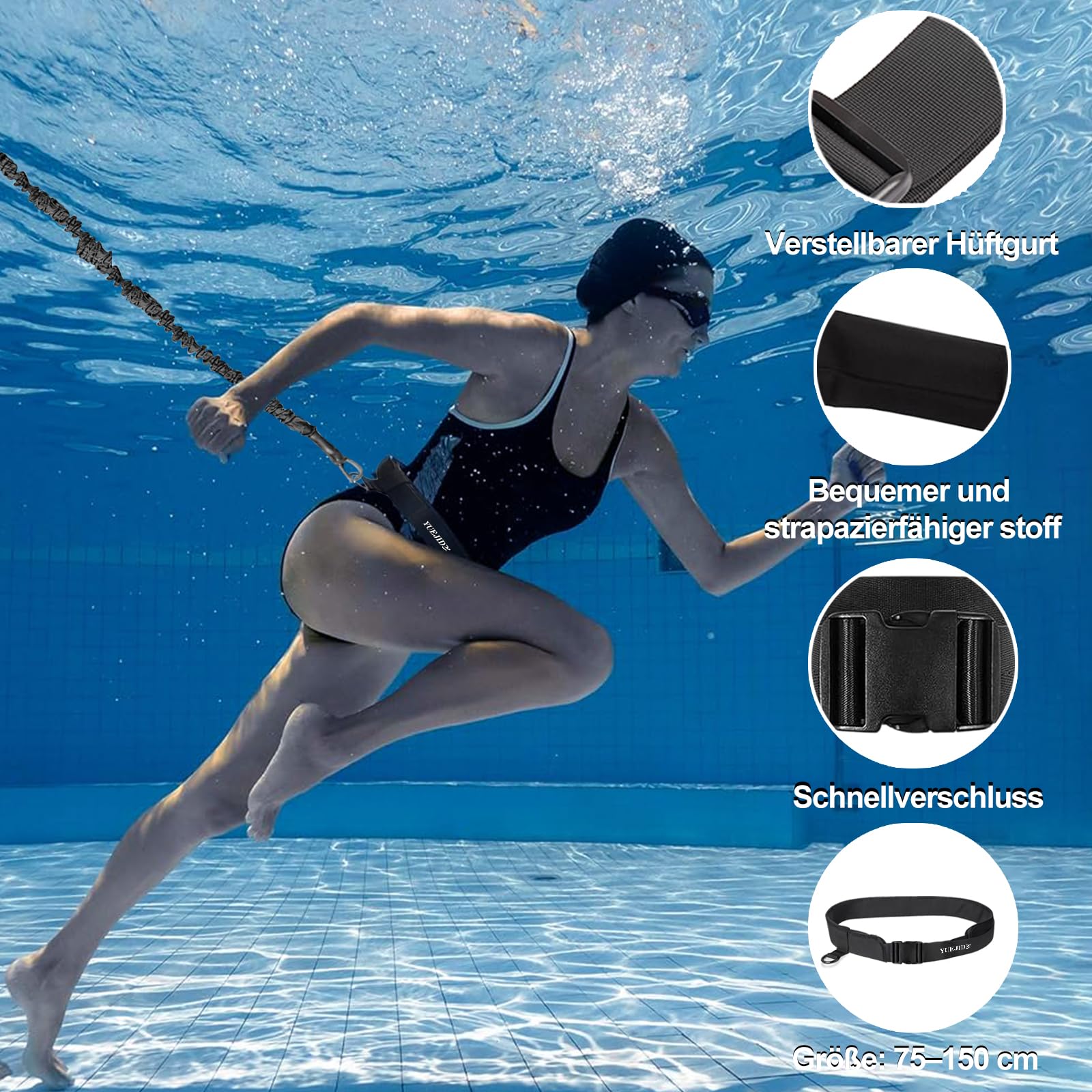 Schwimmgurt Pool für Erwachsene & Kinder, Schwimmhilfe mit 4-7,5 M Elastischen Gummibändern,Schwimmtrainer Gürtel für Jedes Schwimmbad Ohne Gegenstromanlage, Einstellbare Schwimmleine