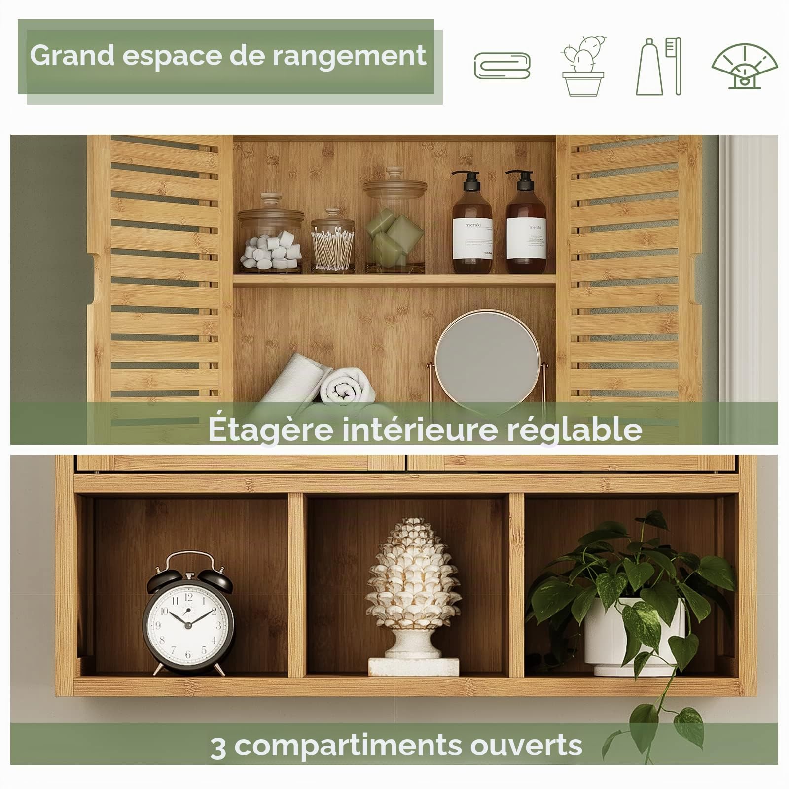 VIAGDO Armoire Murale de Salle de Bain, Meuble de Rangement avec 3 Compartiments Ouverts et Étagère Réglable, Armoire à Pharmacie Suspendue en Bambou avec 2 Portes, 59 x 21 x 67 cm