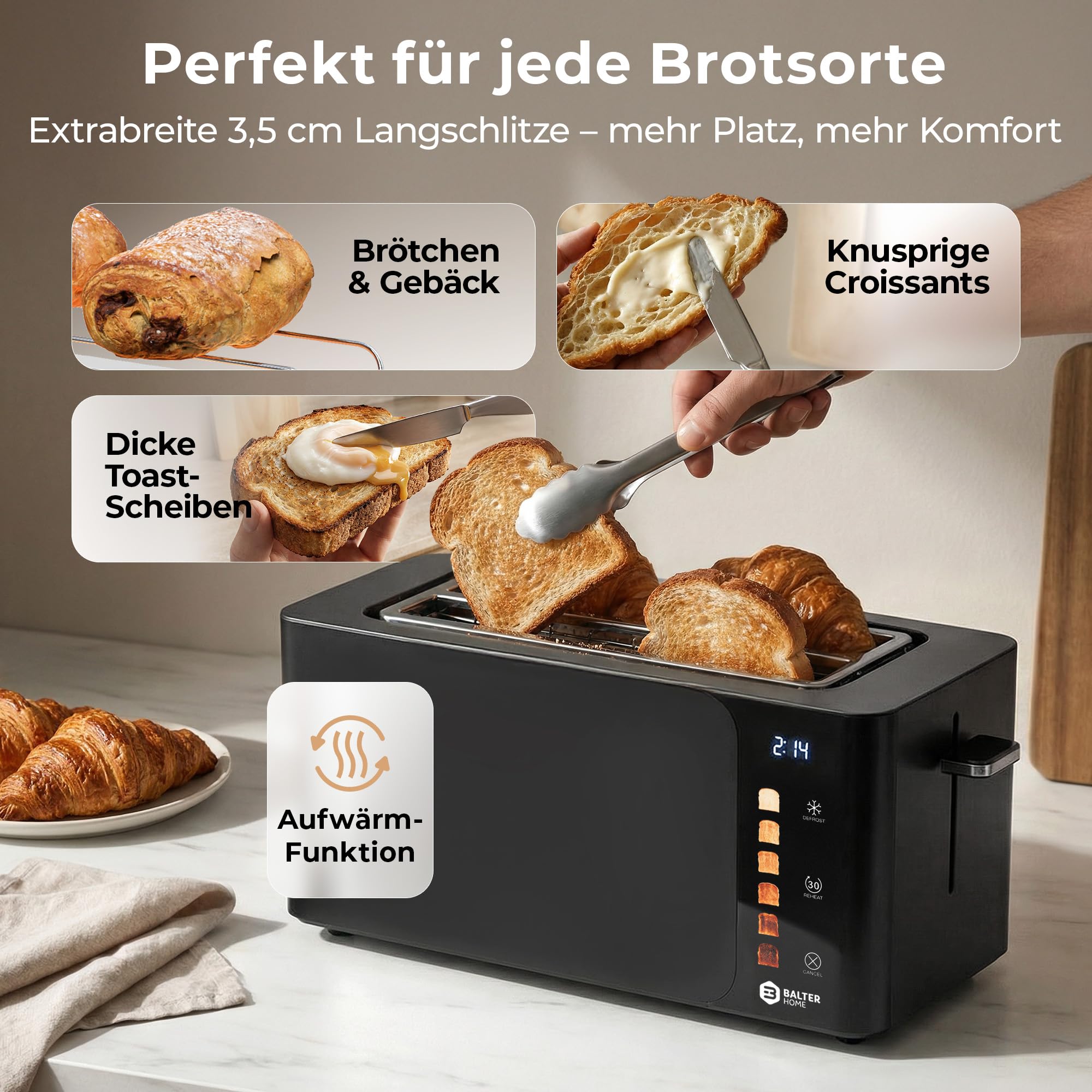 Balter Toaster 4 Scheiben, Touch Bedienung, Langschlitz, Edelstahl, Brötchenaufsatz, LCD Display Langschlitztoaster, Auftaufunktion, Brotzentrierung, TS-44 Schwarz matt
