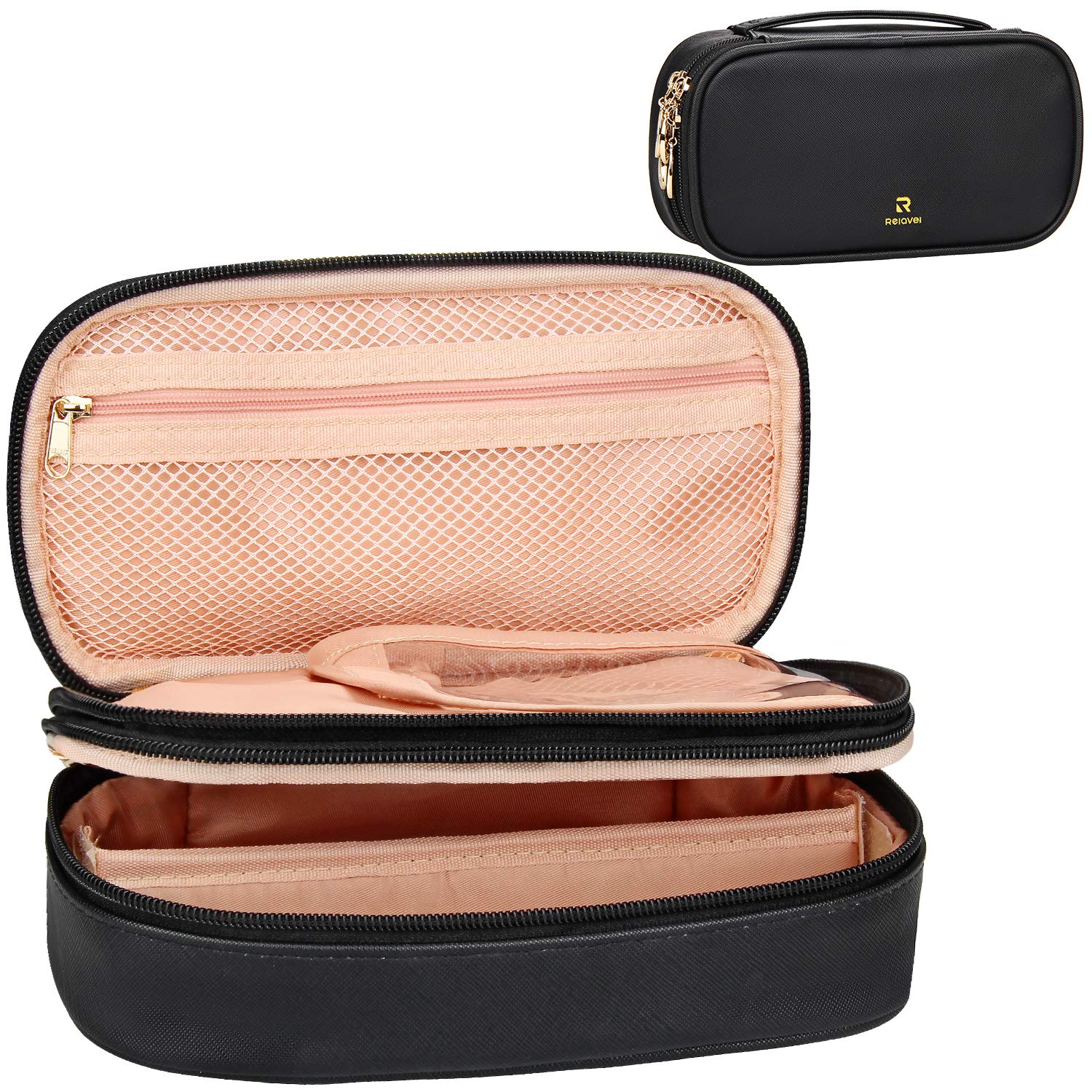 Relavel Makeup Bag Makeup Case 2-Layer Cosmetic Brush Bag Marble Makeup bag Makeup Organizers and Storage Cosmetic Travel Bag for Professional Makeup Brushes Storage Box (Small, Black)