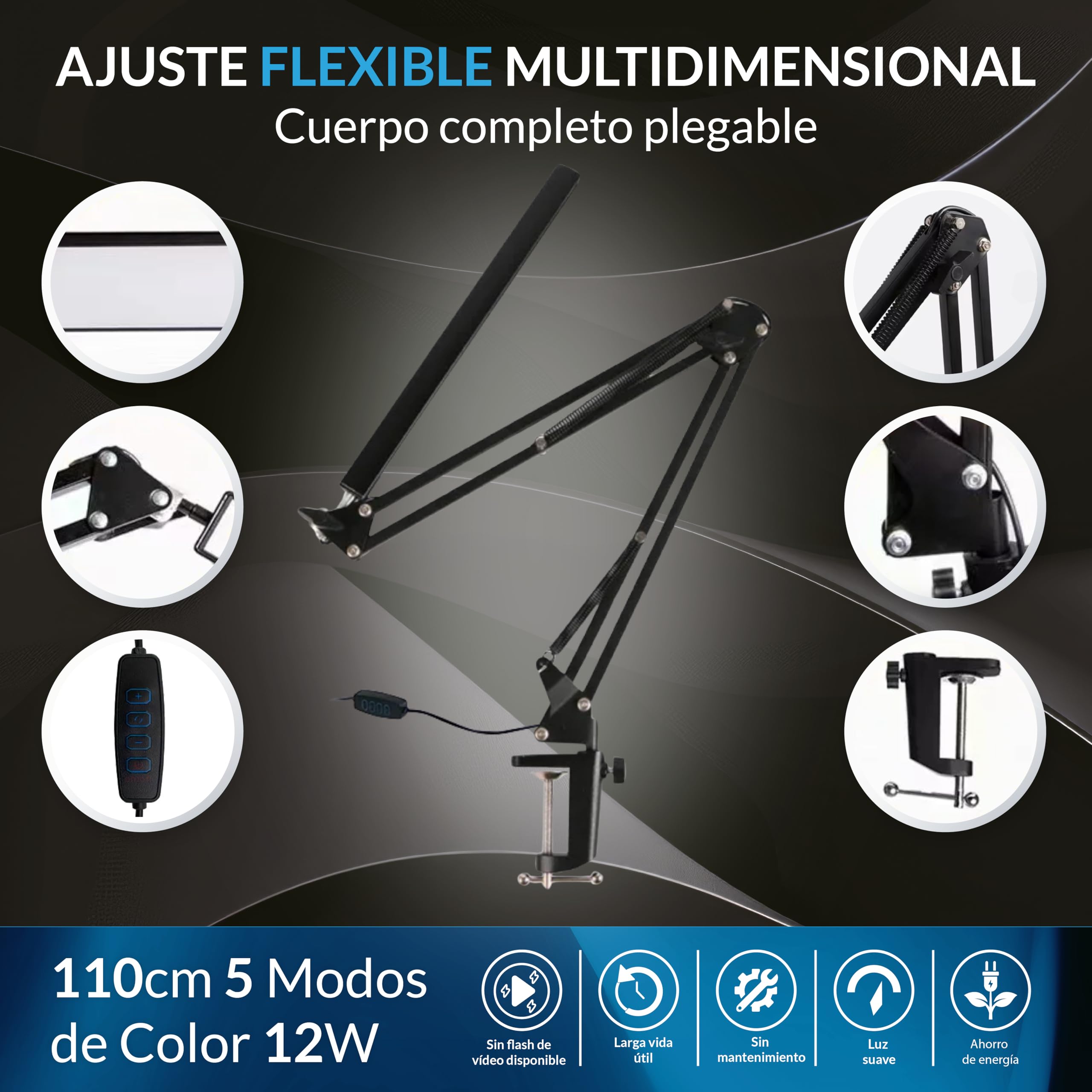 Lampara Escritorio I Flexo LED | 110Cm 5 Modos de Color 12W | Función de Memoria I 11 Niveles de Brillo 1300 LM | Para Oficina Estudiar Salon | Candeeiro de Mesa I Color Blanco.