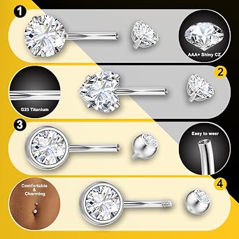 Diamday Belly Bars G23 Titanium Belly Button Bars 14G Hypoallergenic Piercing Belly Rings Shiny CZ Belly Button Piercing Navel Bars Long Sliver Belly Bars Belly Barbell Jewellery 8/10/12/14/16mm