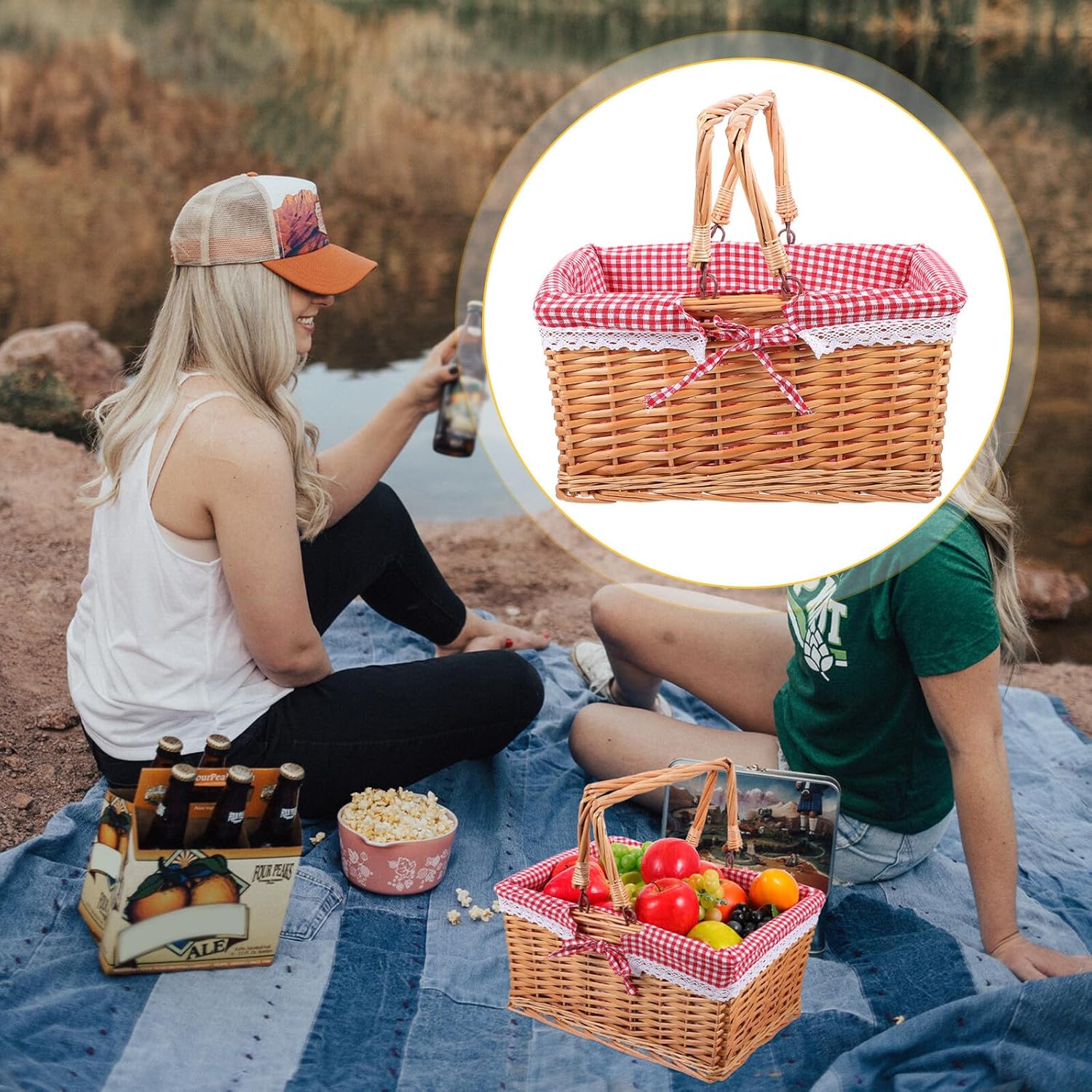 Uonlytech Wicker Picnic Basket Red and White Checked Liner Hand-Woven Willow Storage Basket for Picnic and Garden Use