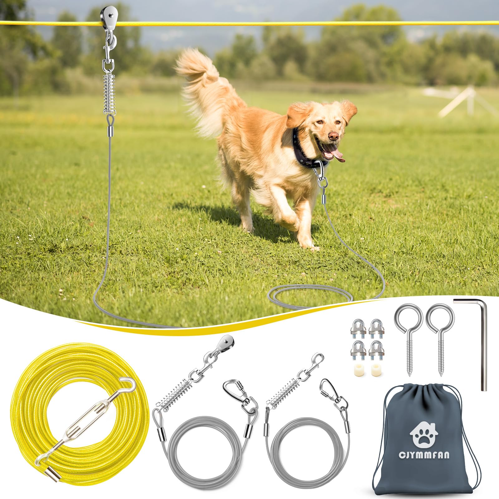 Professional Dog Runner Trolley System，Heavy Duty & Adjustable 200ft Dog Zip Line with 10ft & 15ft Tie Out for Large Dogs Up to 250lbs, Chew Proof Dog