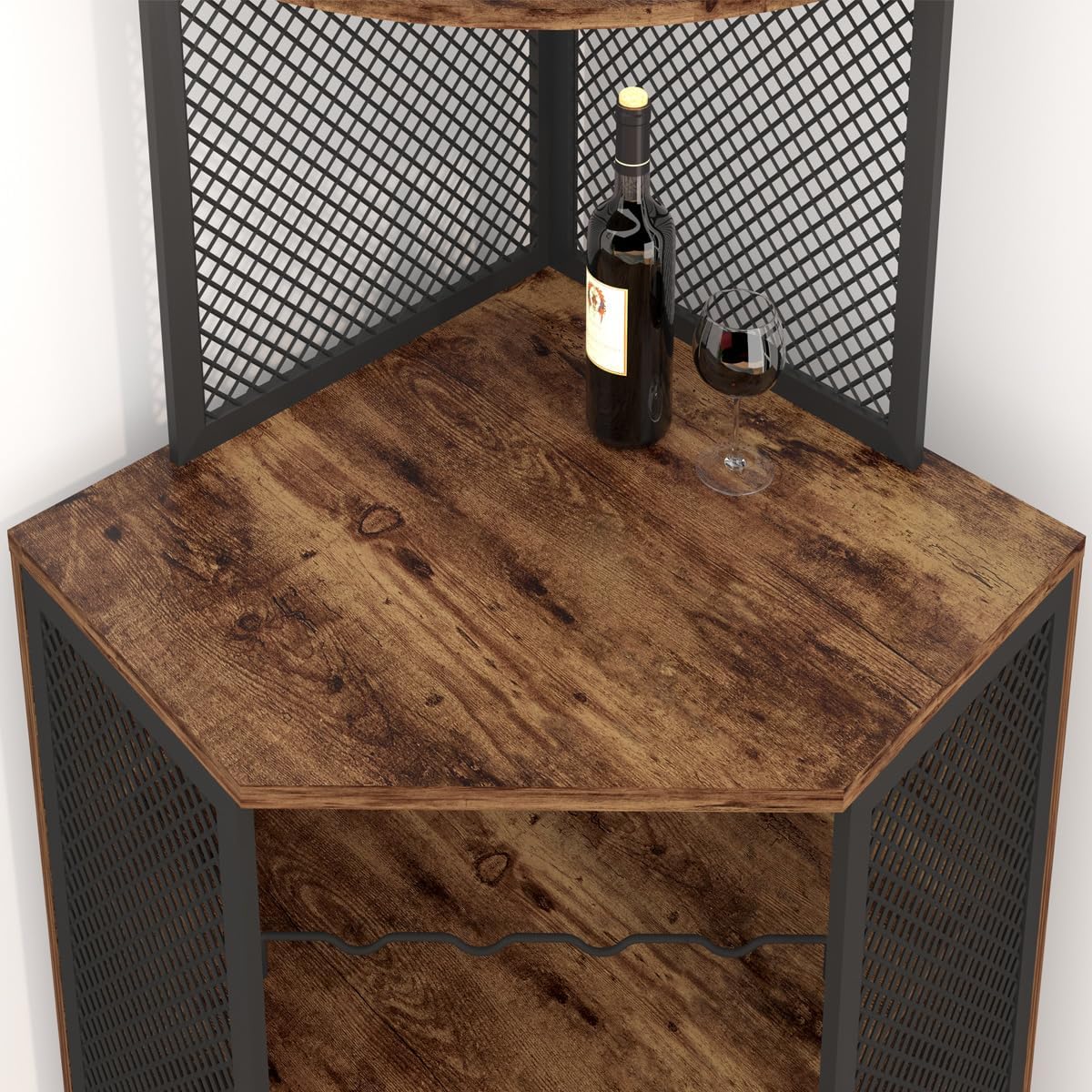 IBF Corner Wine Cabinet, 71" Bar Cabinet with Adjustble Shelf Storage, Metal and Wood Industrial 5 Tier Tall Liquor Cabinet Bar for Home with Glass Holder, Rustic Brown