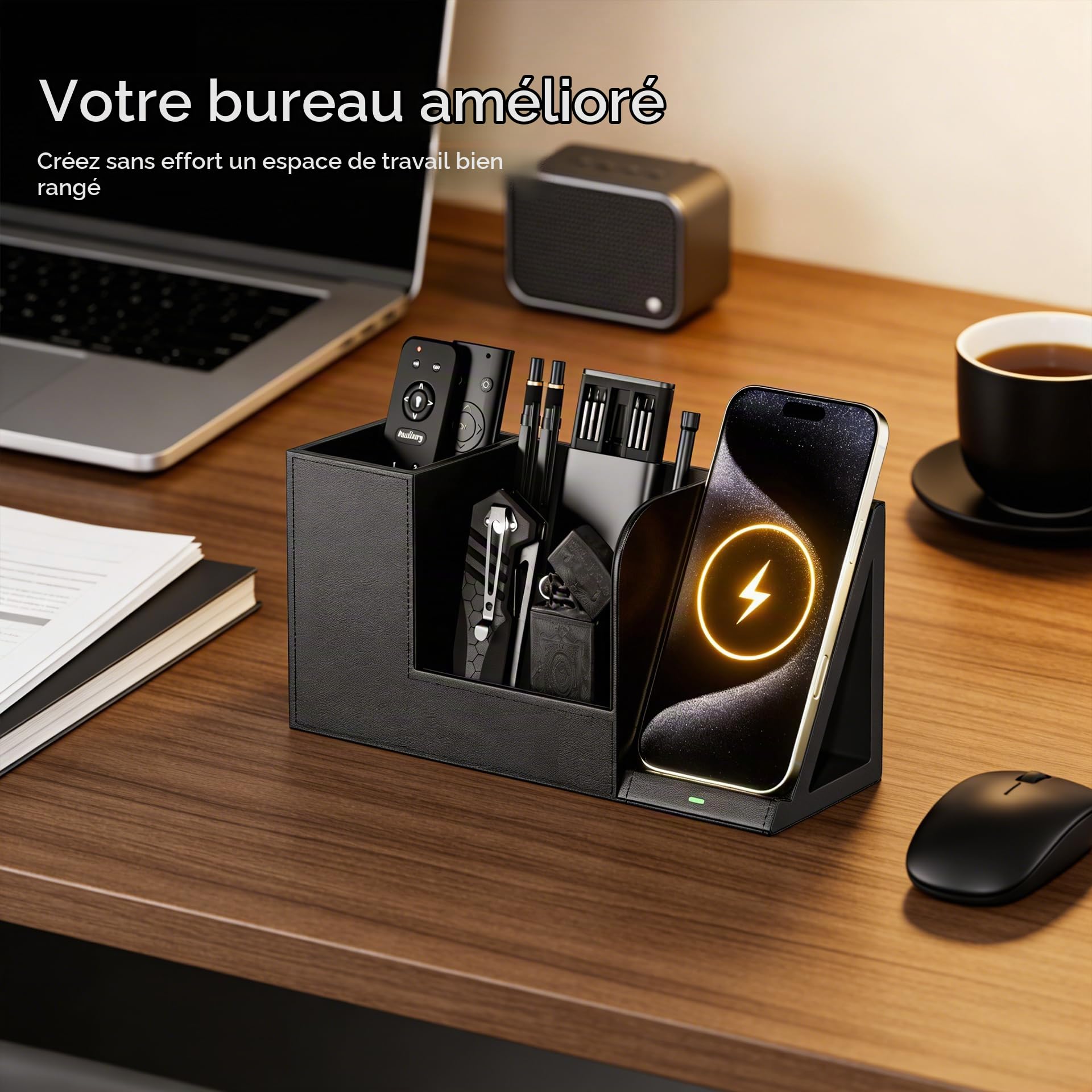 GORESE Organisateur de Bureau,Rangement Bureau avec Chargeur Sans Fil Rapide en Cuir Pot a Crayon Fourniture Bureau Pot Stylo Station de Charge 15w pour iphone 17 16 15 Pro Max Samsung Galaxy S23/S22