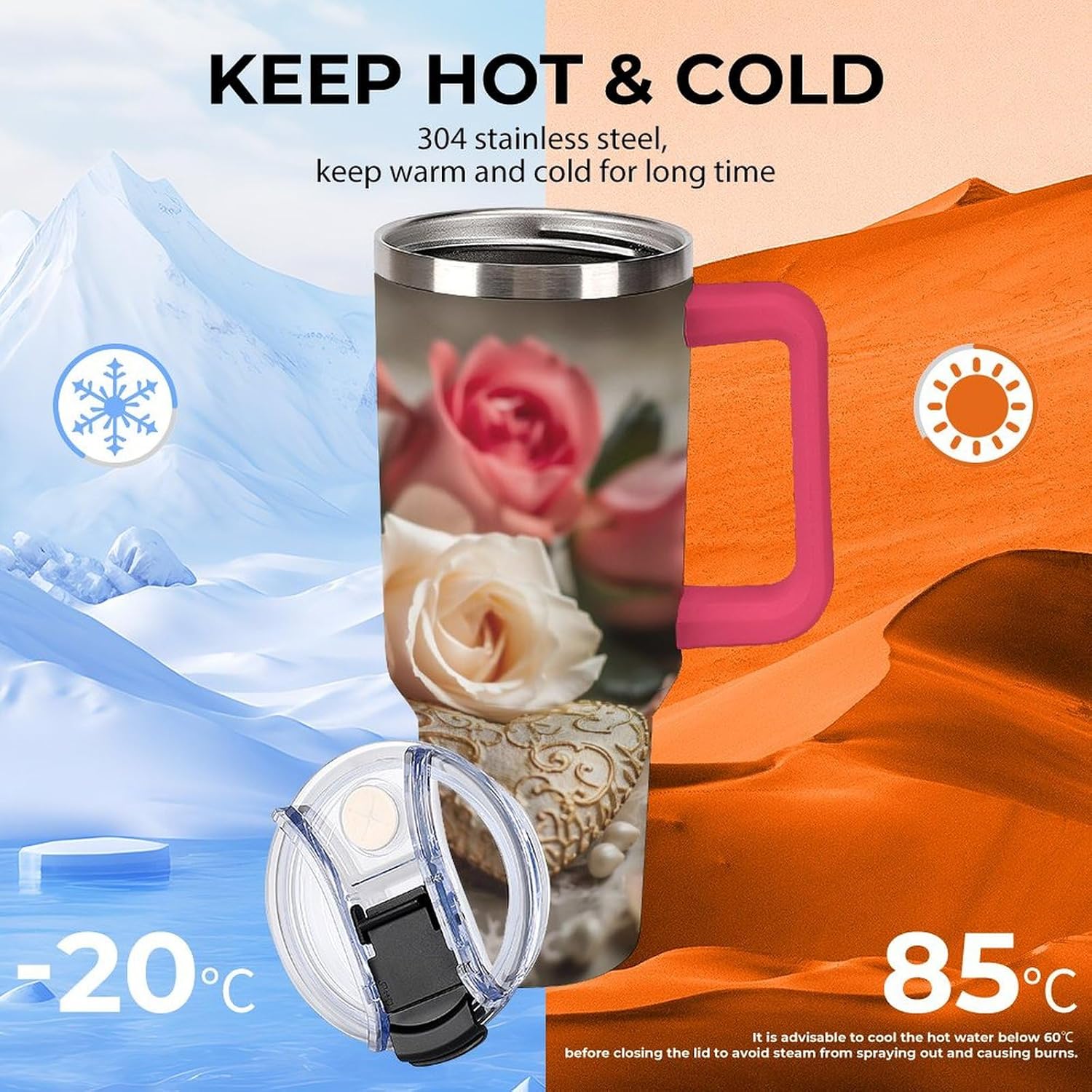 40oz Large Capacity Heart Shape And Rose Print Car Cup Holder - Spill-Proof,Insulated Travel Mug for Car,Fits Most Vehicle Cup Holders,Big Water Bottle for Road Trips, Commuting,and Outdoor Adventures