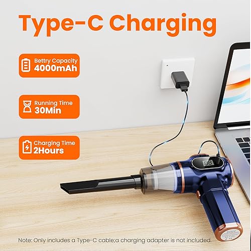 Miniatura 5 de Aspiradora portátil para automóvil, sin cable, mini aspiradoras de mano, recargable con pantalla LCD y múltiples boquillas, limpiadores de mano de