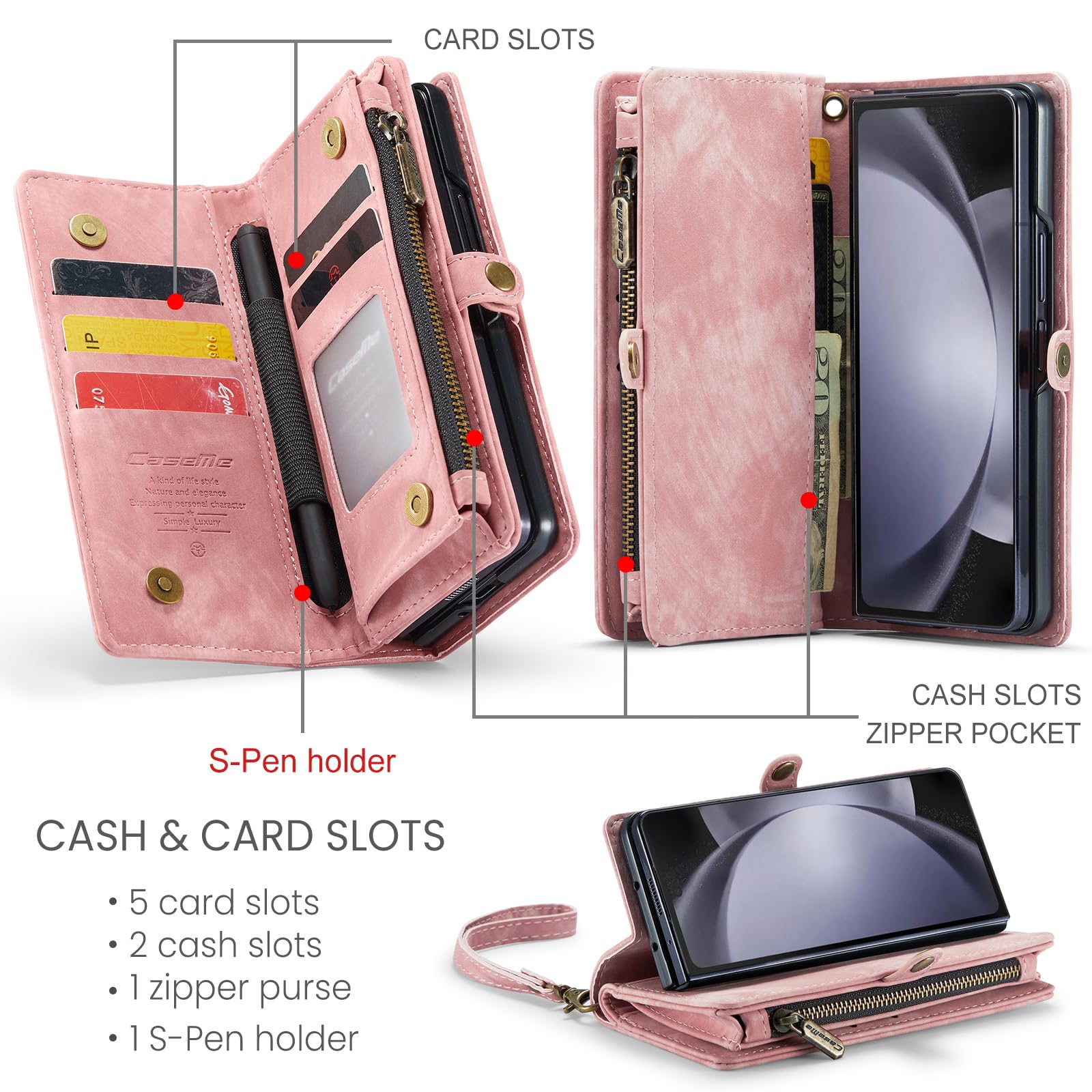 Etui do Samsung Galaxy Z Fold 8 Ultra Portfel z 5 etui na karty i 2 gniazdami gotówkowymi Magnetyczna kieszeń z zamkiem błyskawicznym, skóra premium PU ze smyczą, uchwyt na długopis S