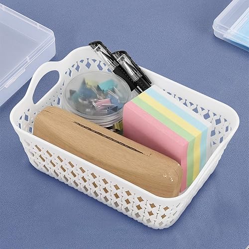 Miniatura 5 de Sandmovie Pequeñas cestas de almacenamiento de tejido de plástico, cestas de escritorio, color blanco, 12 paquetes