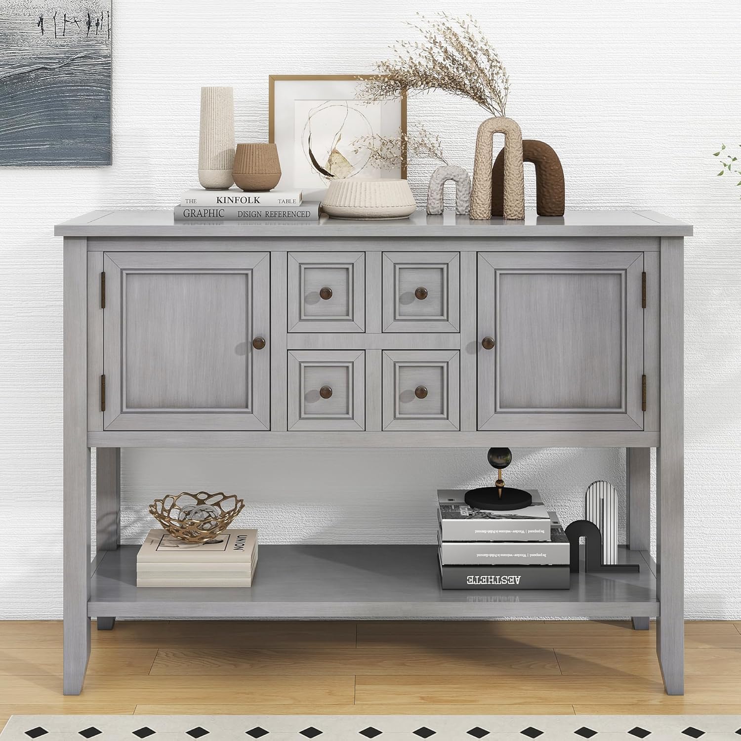 Knocbel Vintage Wood Console Table Buffet Sideboard with 4 Storage Drawers, 2 Cabinets & Bottom Shelf, Entryway Hallway Foyer Table Cupboard Coffee Bar Cabinet, 46" L x 15" W x 34" H (Antique Gray)