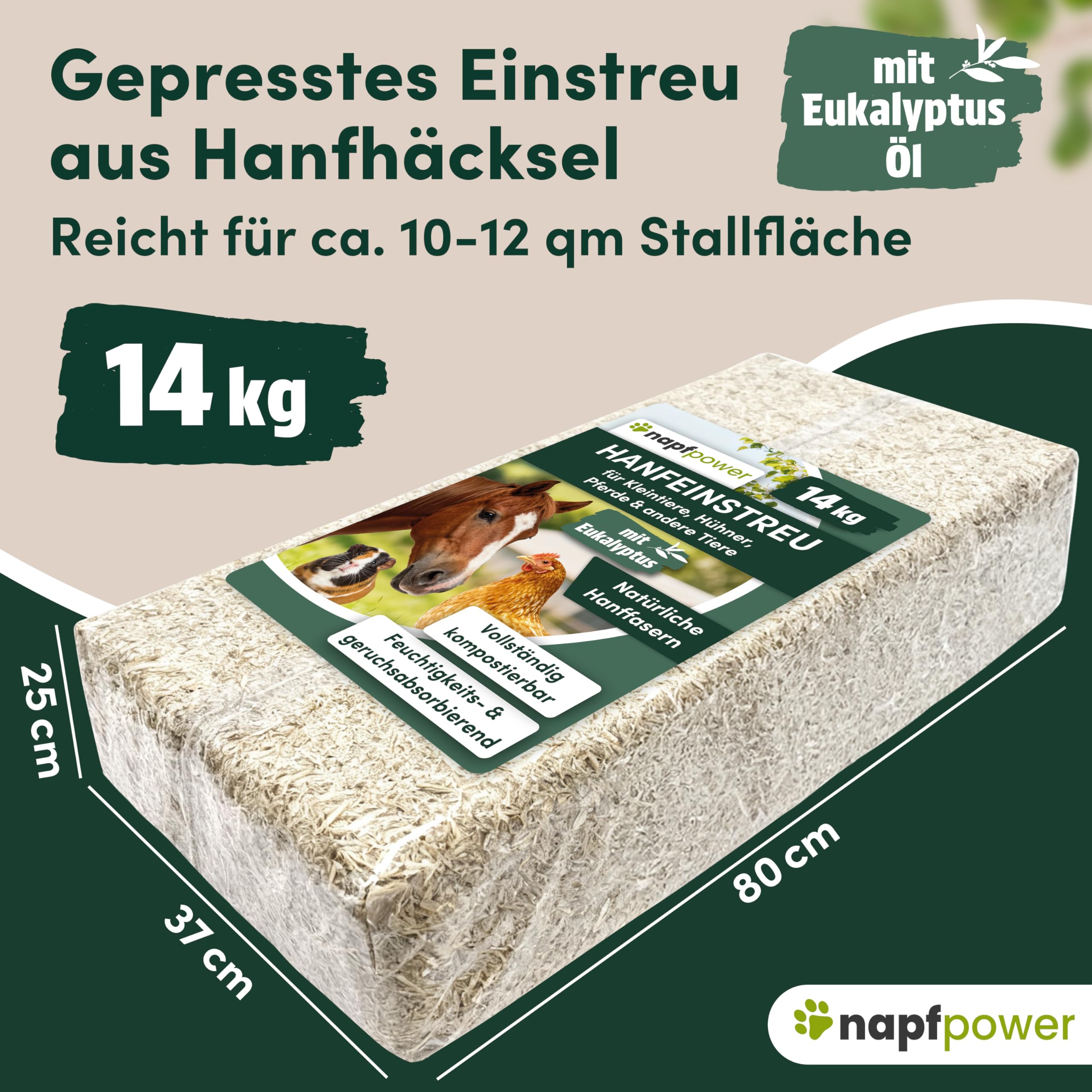 Hanfeinstreu (14 kg) mit Eukalyptus für Hühner, Kleintiere & Pferde – staubarmes Hanfstreu für Hühner & Pferde – extrem saugfähiges & kompostierbares Hanf Einstreu für Tierställe