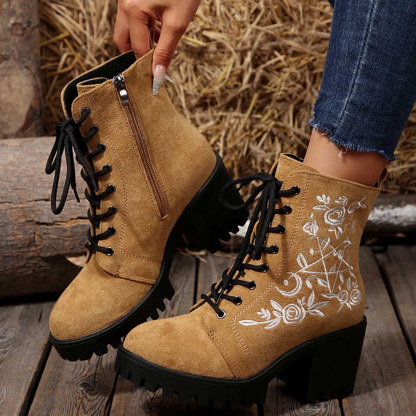 Generisch Botines de mujer con cordones con estampado floral bordado tacón grueso Zapatos cortos para comodidad diaria de moda