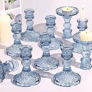 Glass Candle Holder Set of 12, Blue Taper Candle Holders Bulk, Vintage C...