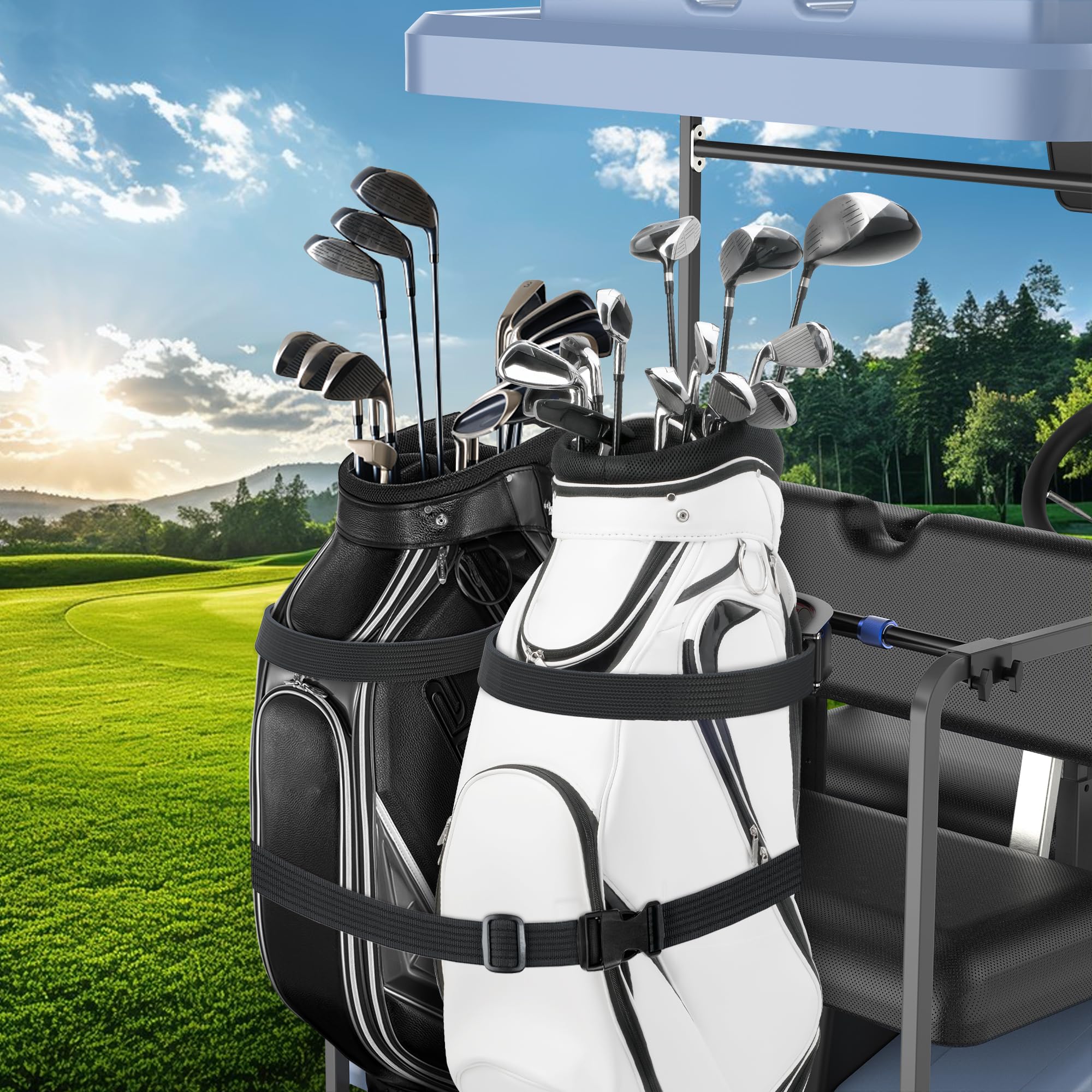 Aluminium Golfwagen Tasche Halterung - Leicht & Stabil, Kein Bohren erforderlich, Verstellbare Befestigung für EZGO, Club Car, Yamaha 2+2 Rücksitze mit 2,5 cm Vierkantrohr
