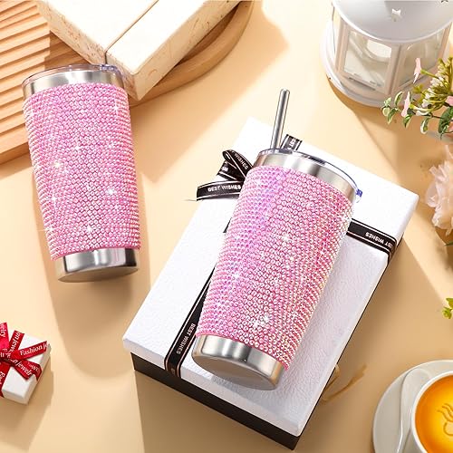Miniatura 4 de 2 vasos de diamantes de imitación con tapa y pajita, botellas de agua con purpurina de 20 onzas, acero inoxidable aislado al vacío, taza de café