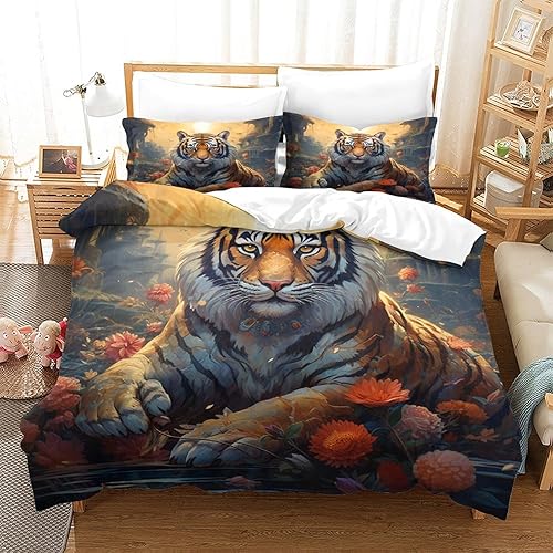 Miniatura 2 de Juego de edredón de tigre con diseño de animales del bosque de tigre, diseño de gatos y perros, diseño de dibujos animados, para niños y niñas,