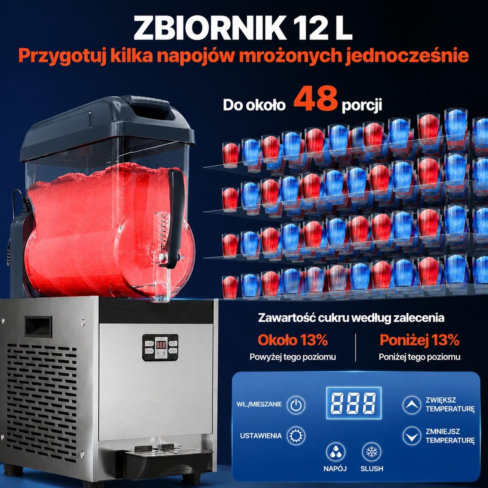 Komercyjna maszyna do lodu kruszonego 12 l, 48 filiżanek, pojedynczy zbiornik, stal nierdzewna, czarna, z klawiaturą, do restauracji, kawiarni, barów