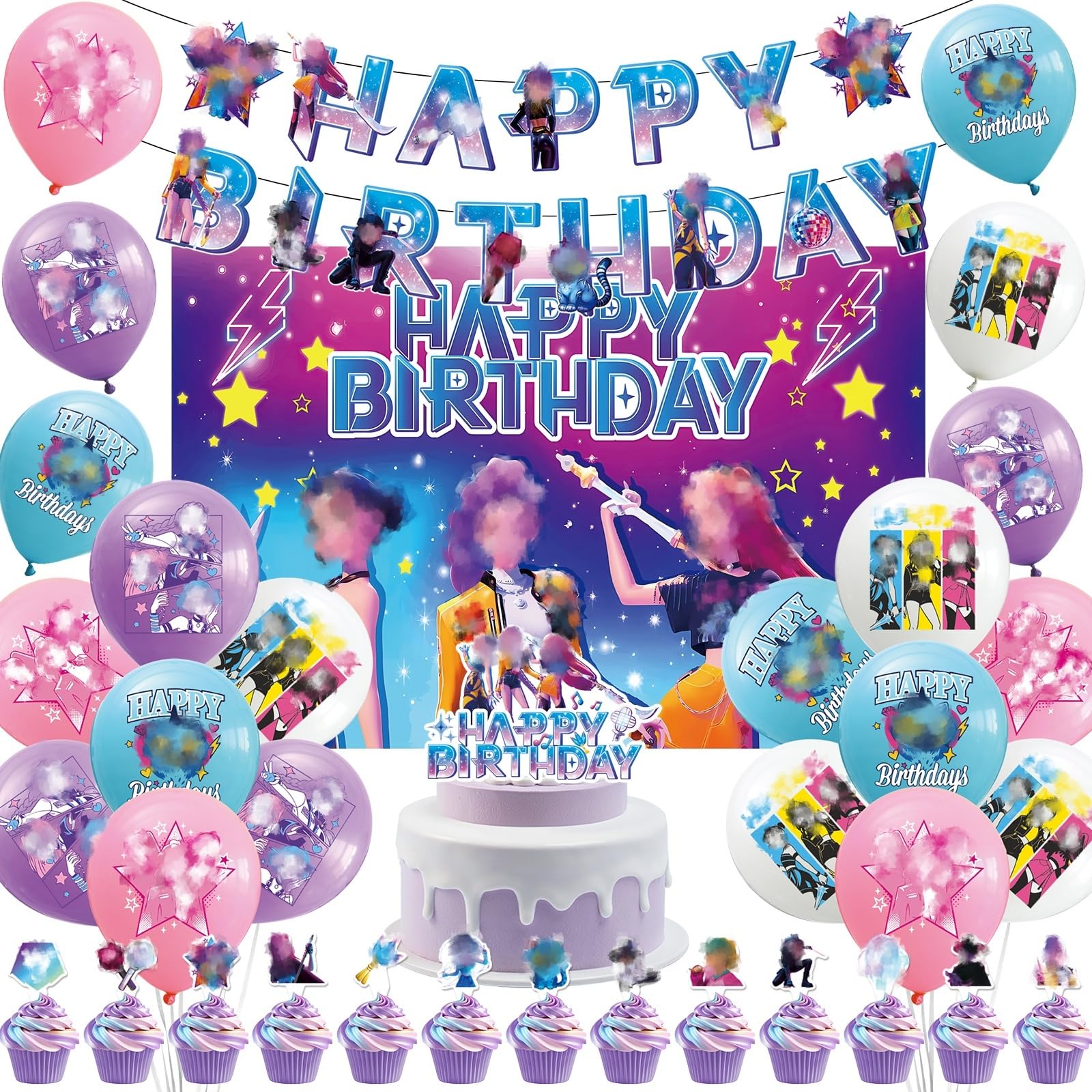 Girls Birthday Party Decorations Set, Anime K Pop Birthday Party Supplies for Womens Includes Balloons Banner Cake Toppers Cupcake Toppers Backdrop Decoration Birthday