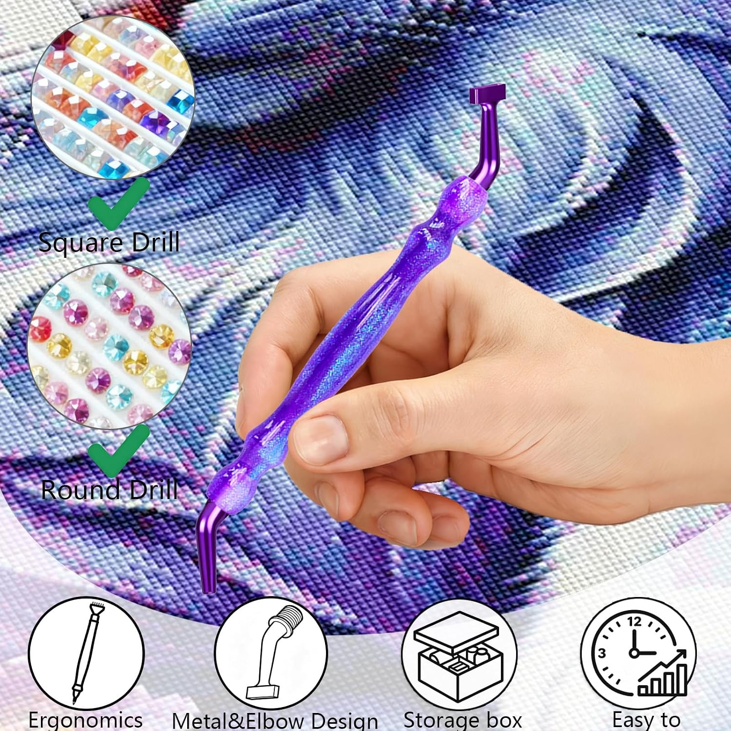 ZYNYXY 22PCS Ergonomic Diamond Art Pens Kits, with 135° Elbow Metal Screw Steel 1~10, Tips, Placers Roller Accessories for 5D Diamond Art Craft & DIY Nail (Purple Pen Tips Set)