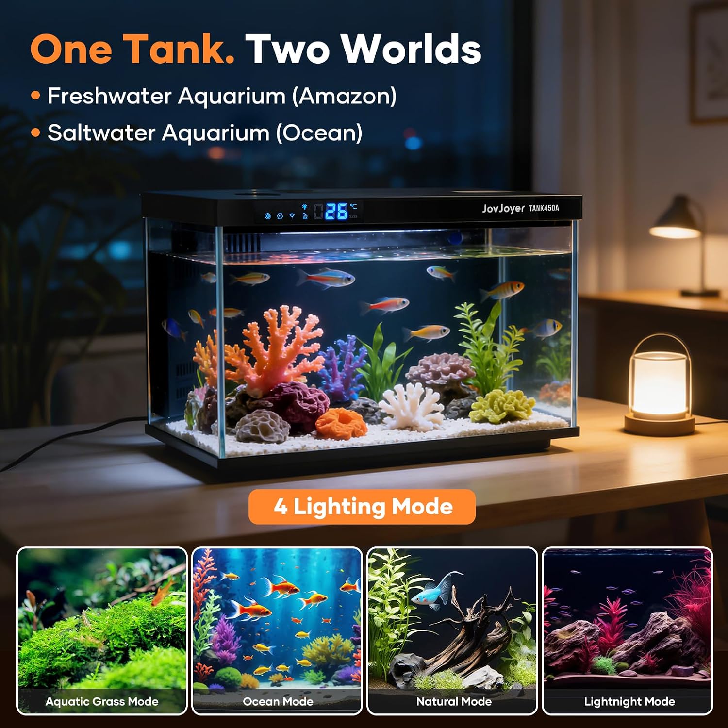 7.5 Gallon Smart Fish Tank, Auto Temperature Control & Filtration, LED Color-Changing Light, TDS&Temperature Alert, Quiet Circulation, Fresh/Salt Water Applicable, Desktop Aquarium 17.8*11.2*10.7 Inch