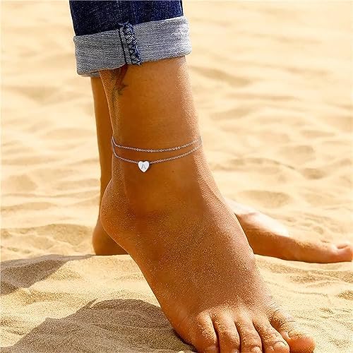 Miniatura 2 de Tobillera con inicial de corazón de plata para mujer, chapada en oro blanco de 14 quilates, hecha a mano, delicada tobillera en capas con letra