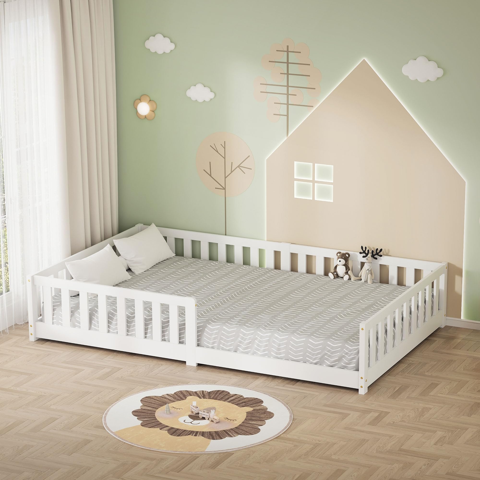 ML-Design Lózko Dzieciece 120x200 cm Bialy Podlogowe Lózko Montessori dla Dzieci z Solidnym Stelazem i Zabezpieczeniem przed Wypadnieciem z Litego Drewna Sosnowego Komfortowe Lózko Pojedyncze