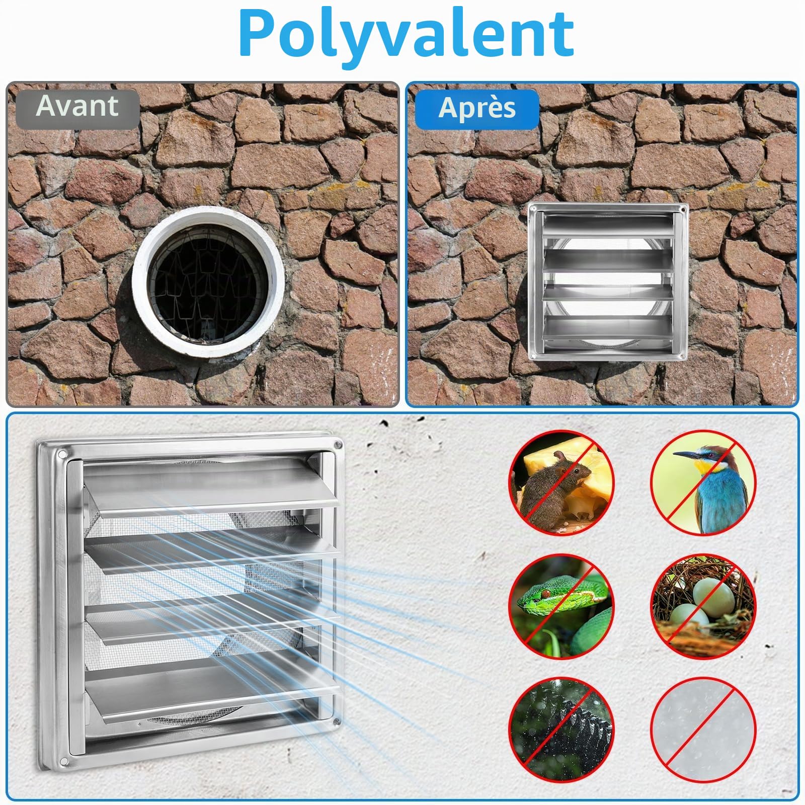 YAYODS Grille de Ventilation Extérieure 150mm en Acier Inoxydable, Grille d Aération avec Volets Mobiles et Clapet Anti-Retour, Bouche d Extraction avec Moustiquaire pour Cuisine, Hotte et Sèche-linge