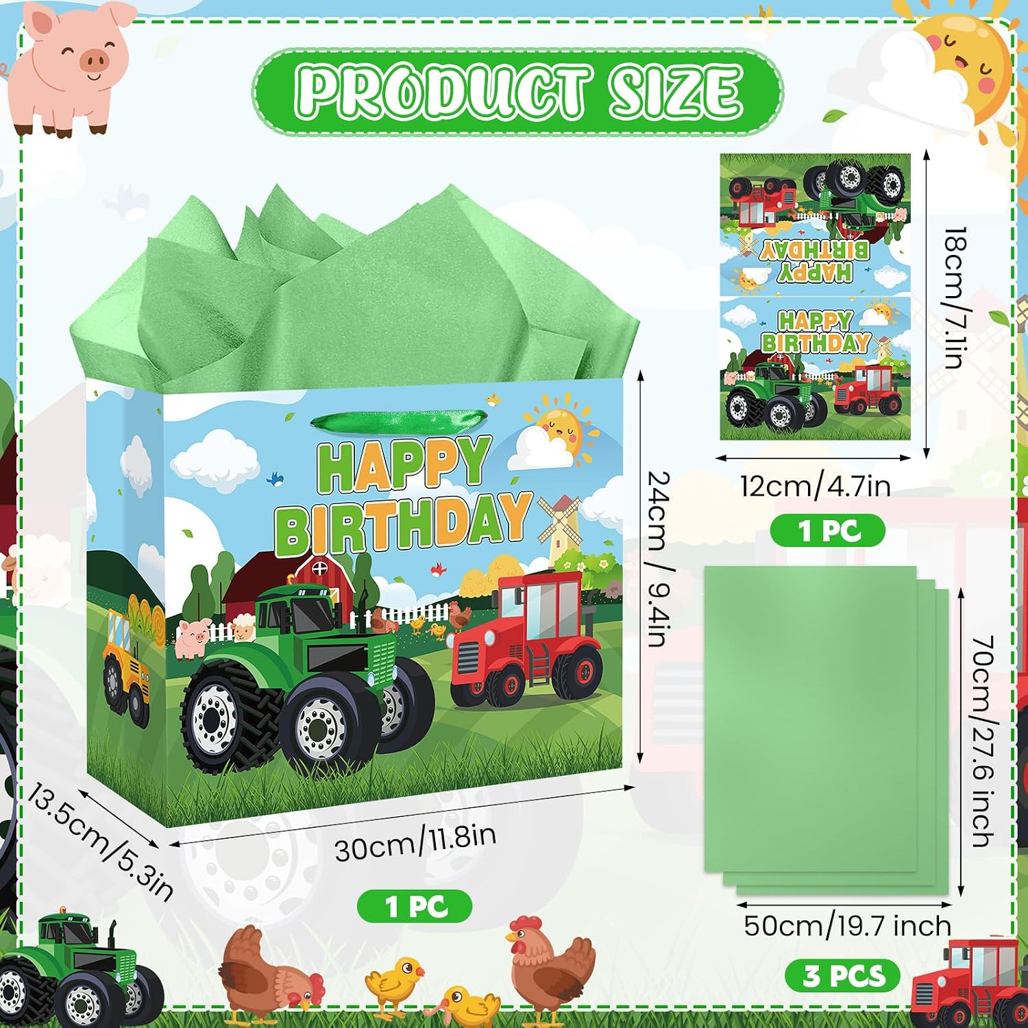 TagreSpike Tractor Birthday Gift Bag Large Tractor Wrapping Paper Bag with Handle Tissue Paper and Greeting Card Green Farm Themed Bday Party Decoration for Kids Boys Birthday Baby Shower Supplies