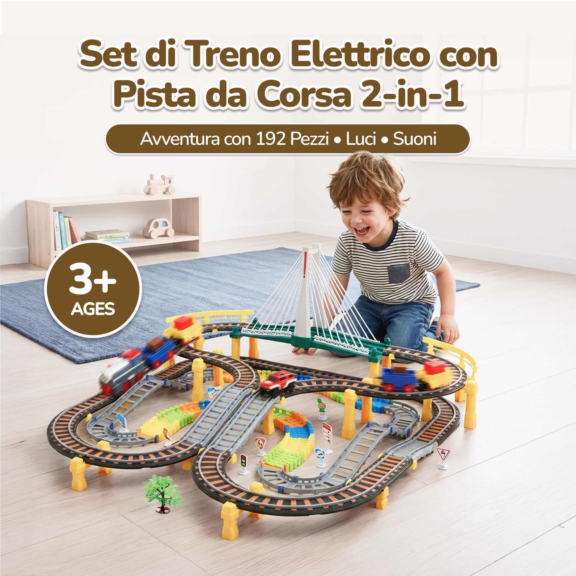 Kinderplay Trenino Elettrico per Bambini 2 in 1 con Pista da Corsa – Set 192 Pezzi con Luci e Suoni – Gioco Creativo 3+ – Binari 89x69 cm, Lunghezza Totale 700 cm, KP0635