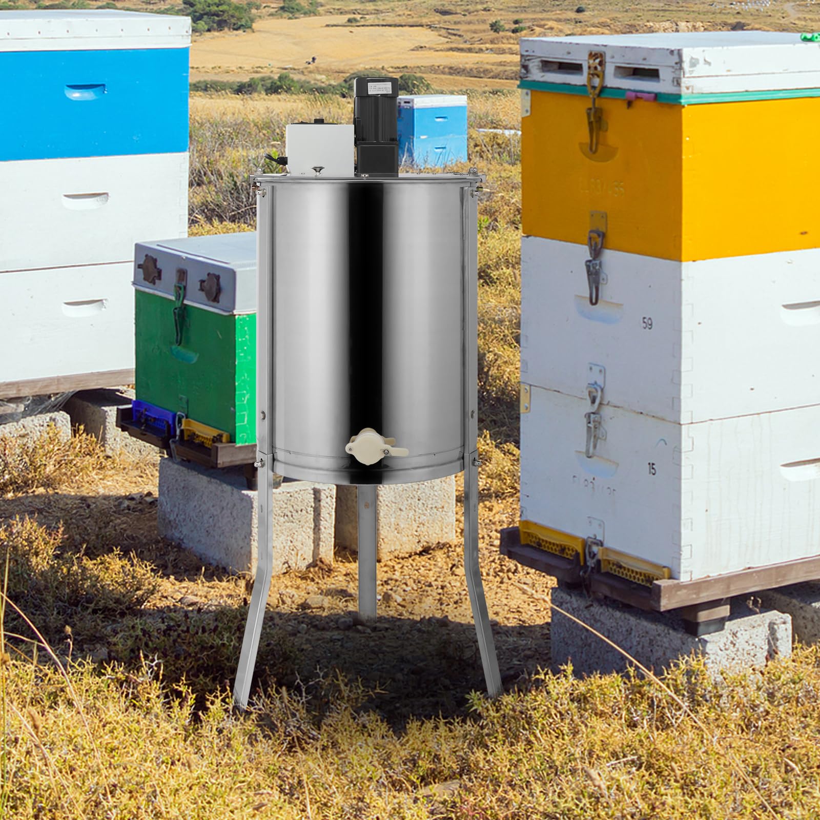 Bonnlo Extracteur de Miel Électrique 4 Cadres 110V 120W, Centrifugeuse Séparateur Miel en Acier, Équipement d'Apiculture à Moteur Professionnel, 115 x 61 x 61 cm